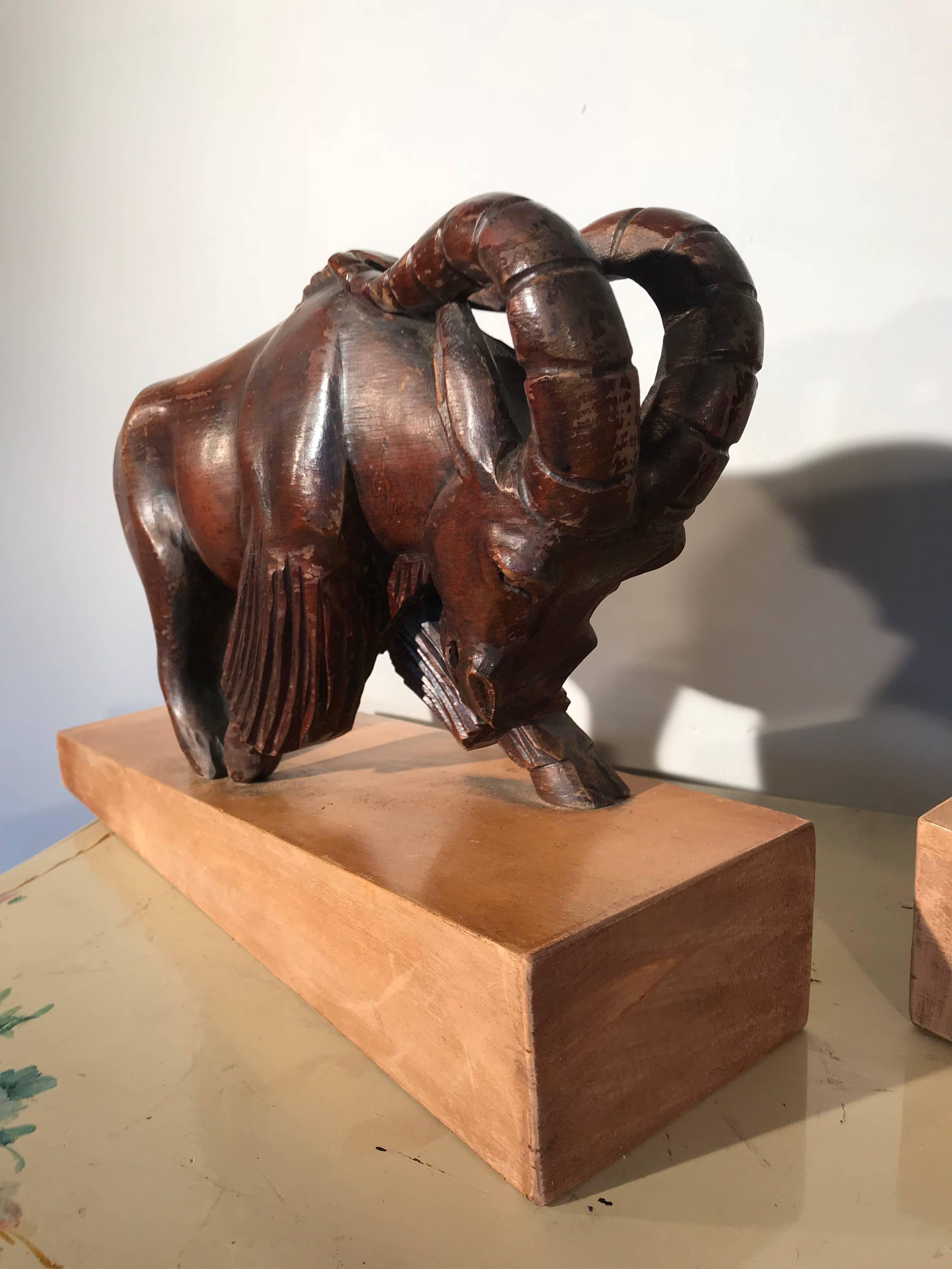 Large & Impressive Hand-Carved Wooden Pair of Fighting Ram Sculpture Bookends For Sale 1