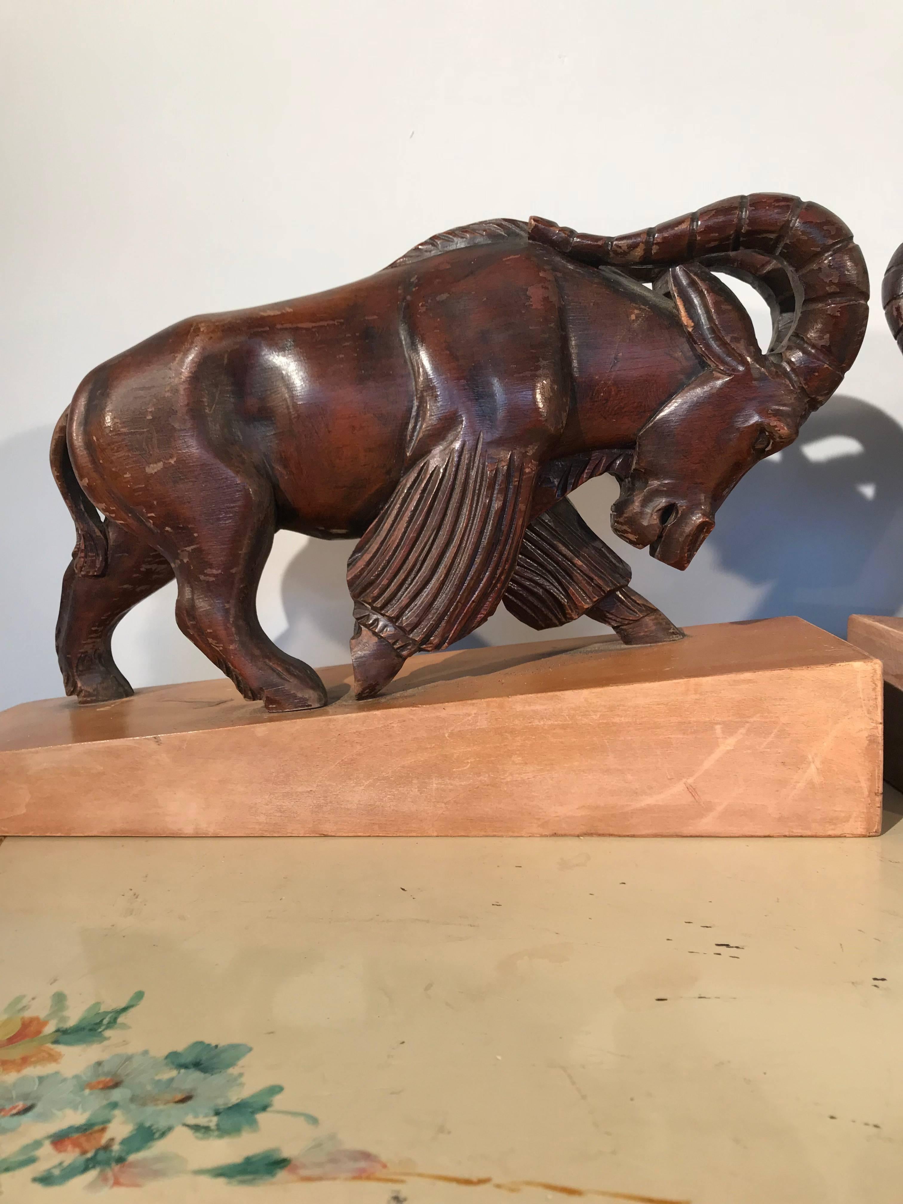 Large & Impressive Hand-Carved Wooden Pair of Fighting Ram Sculpture Bookends For Sale 3