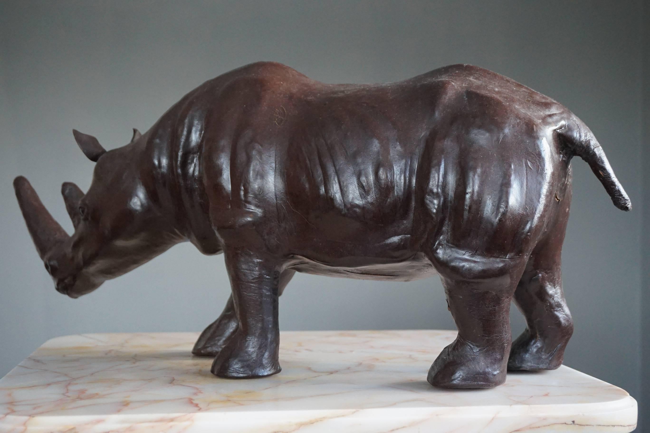 Early 20th Century Sizable Rhino Sculpture Leather on Hand-Carved Wood 2