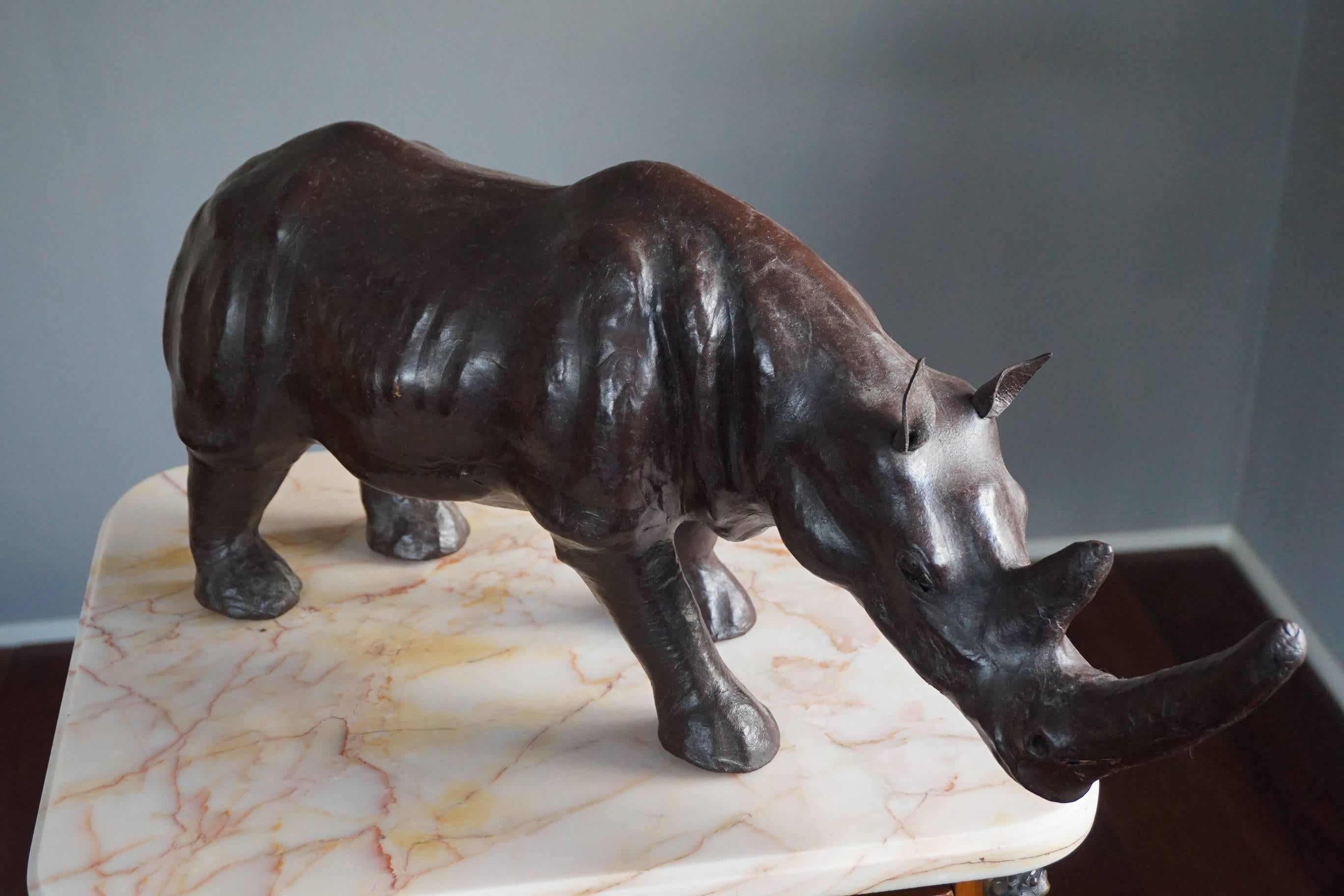 Early 20th Century Sizable Rhino Sculpture Leather on Hand-Carved Wood 3