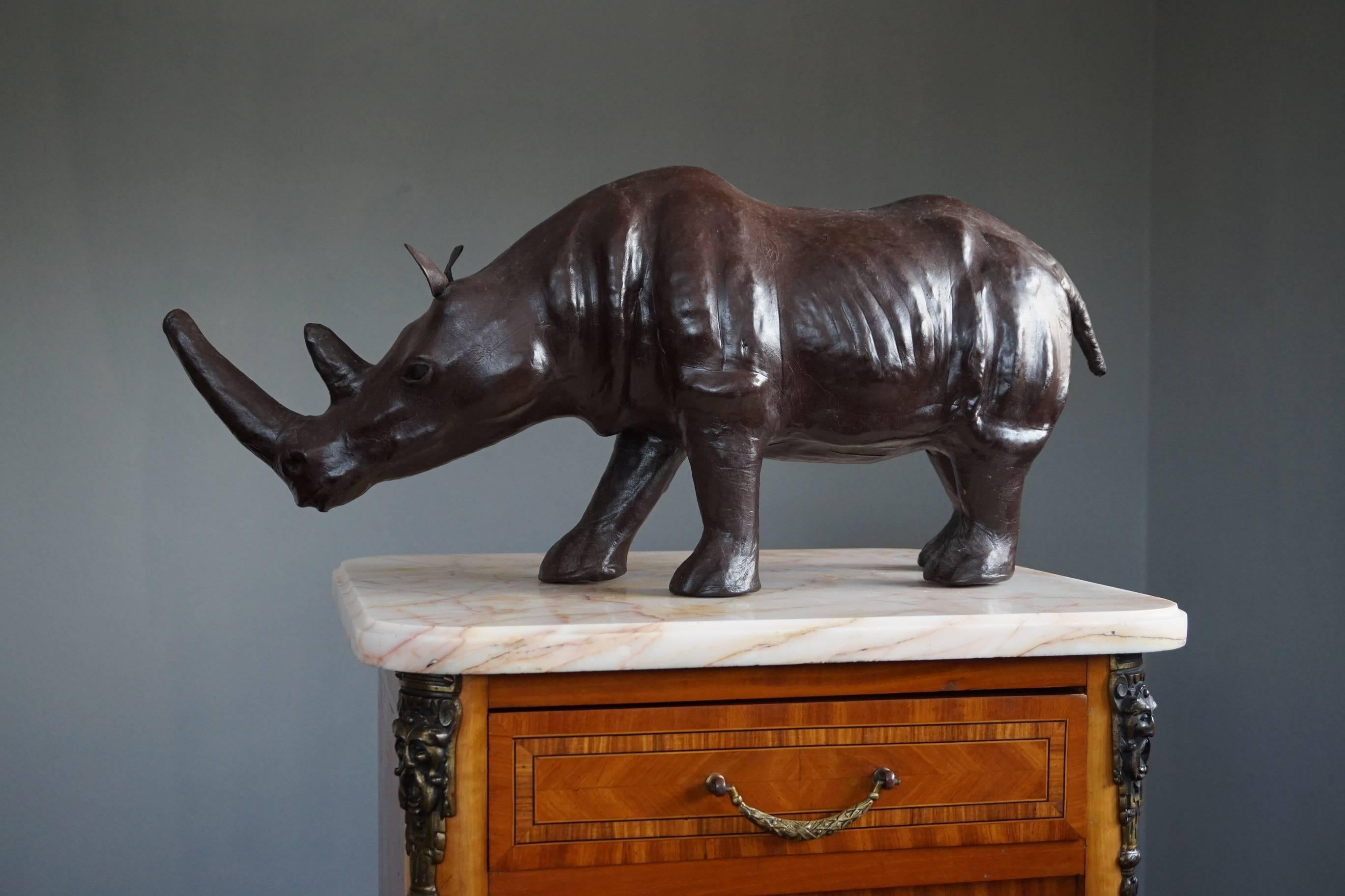 Early 20th Century Sizable Rhino Sculpture Leather on Hand-Carved Wood 5