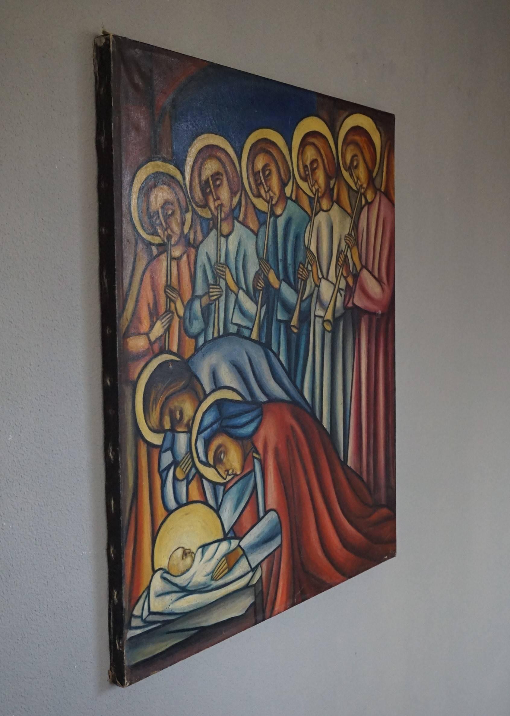 Rare oil on canvas 'Christmas painting' with signature.

This one of a kind and meaningful 1920's Art Deco painting of the birth of Christ is a real joy to own and look at, especially around Christmas. We hardly ever see any original Art Deco