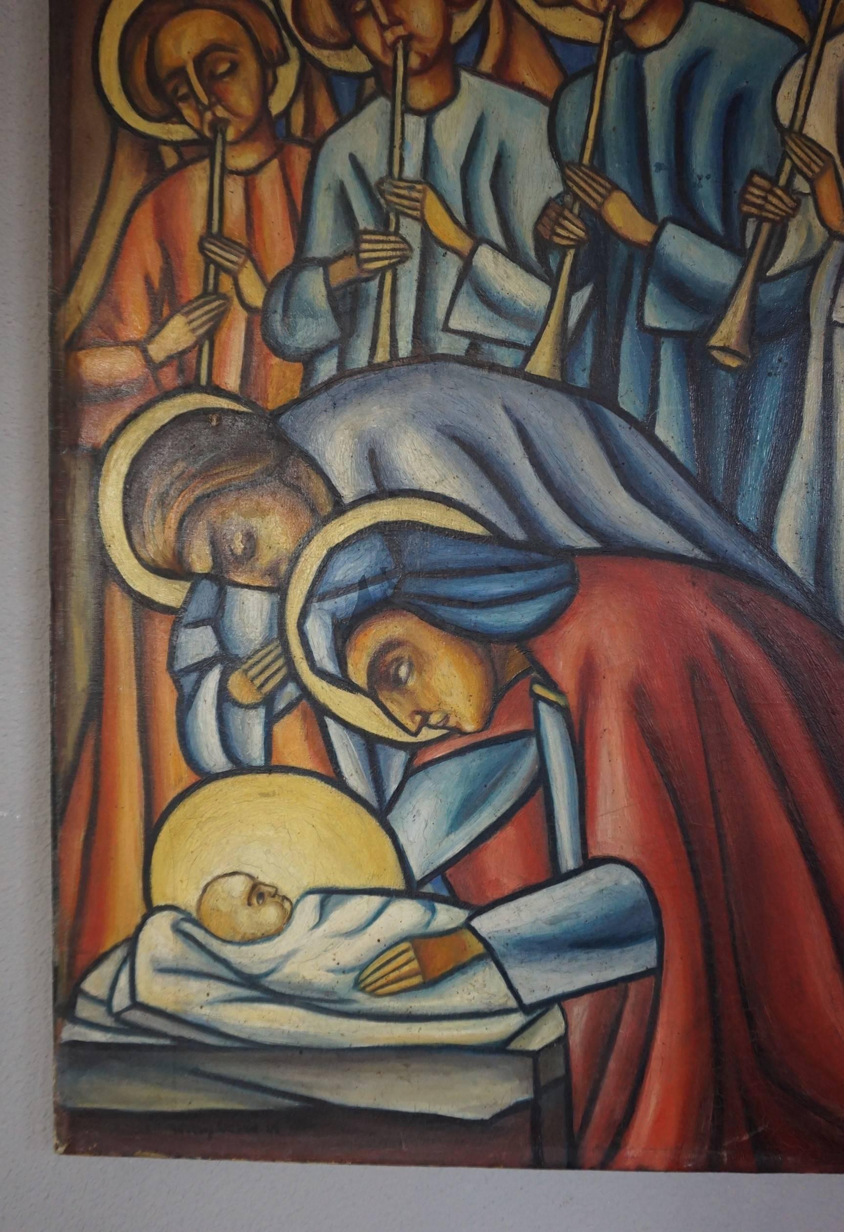 Religious Art Deco Birth of Christ Painting with Jozef and Mary and Angels In Good Condition In Lisse, NL