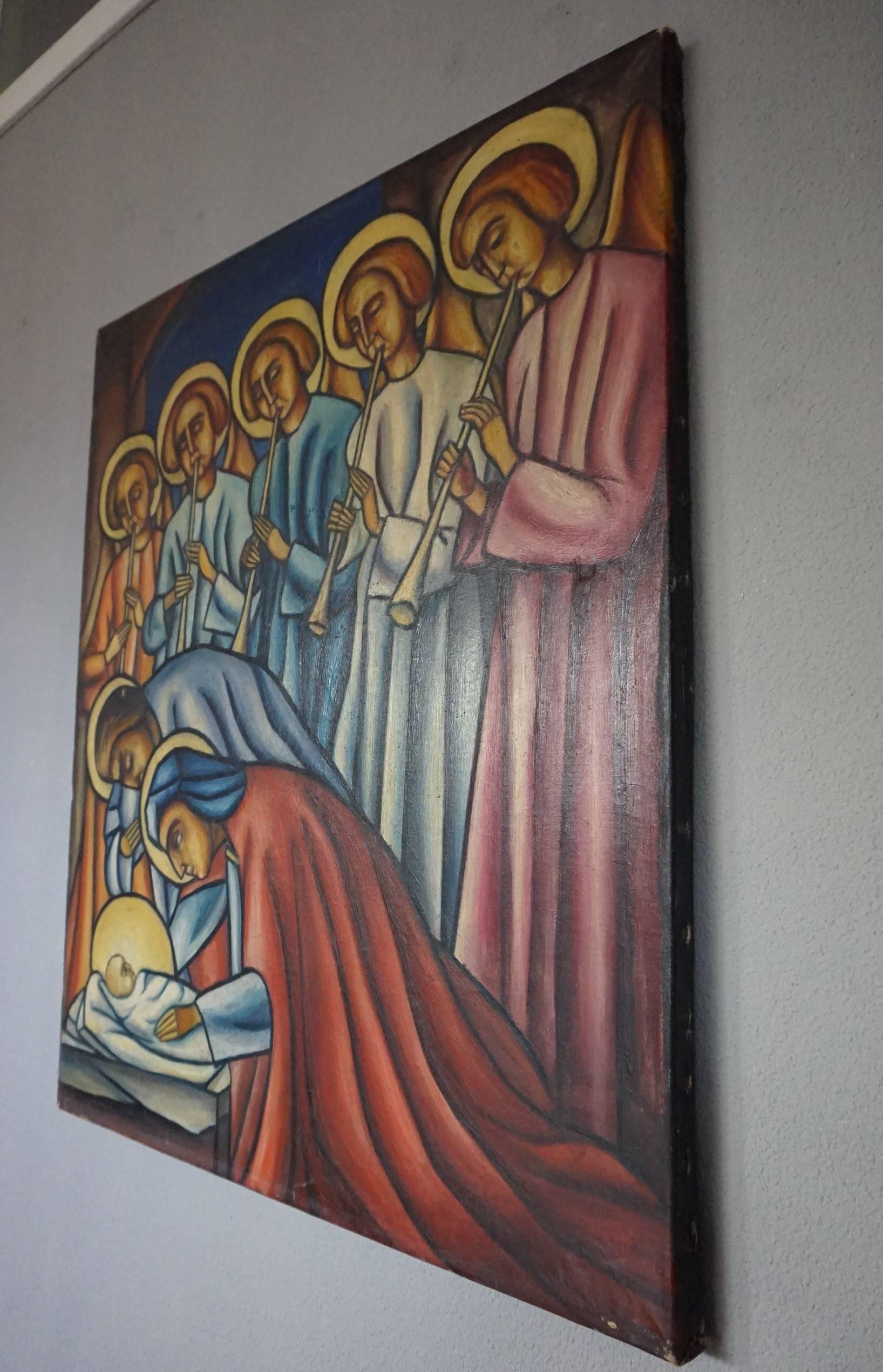 Religious Art Deco Birth of Christ Painting with Jozef and Mary and Angels 1