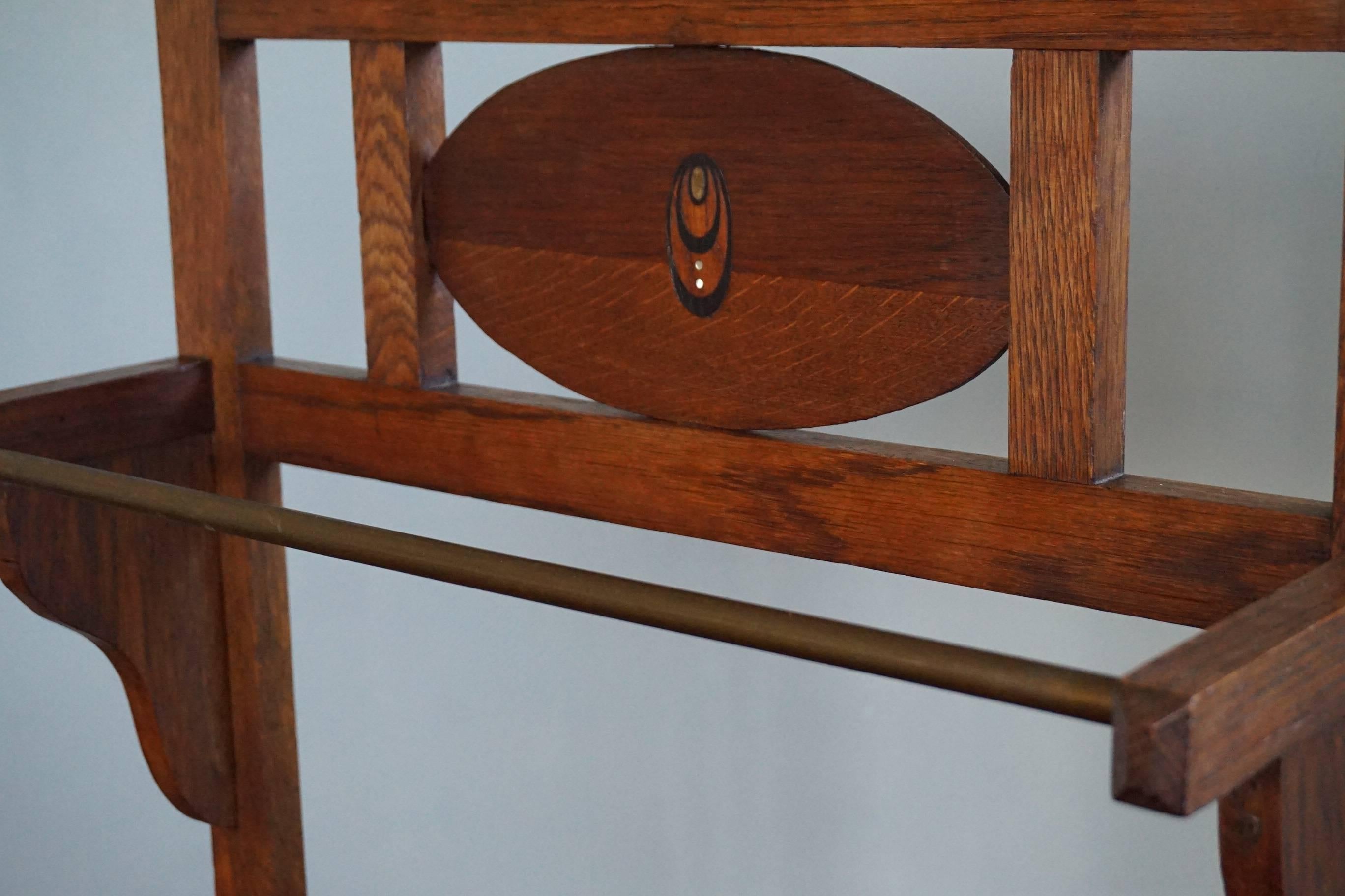 Blackened Antique Arts and Crafts Stylishly Geometrical Design Oak Hallway Umbrella Stand