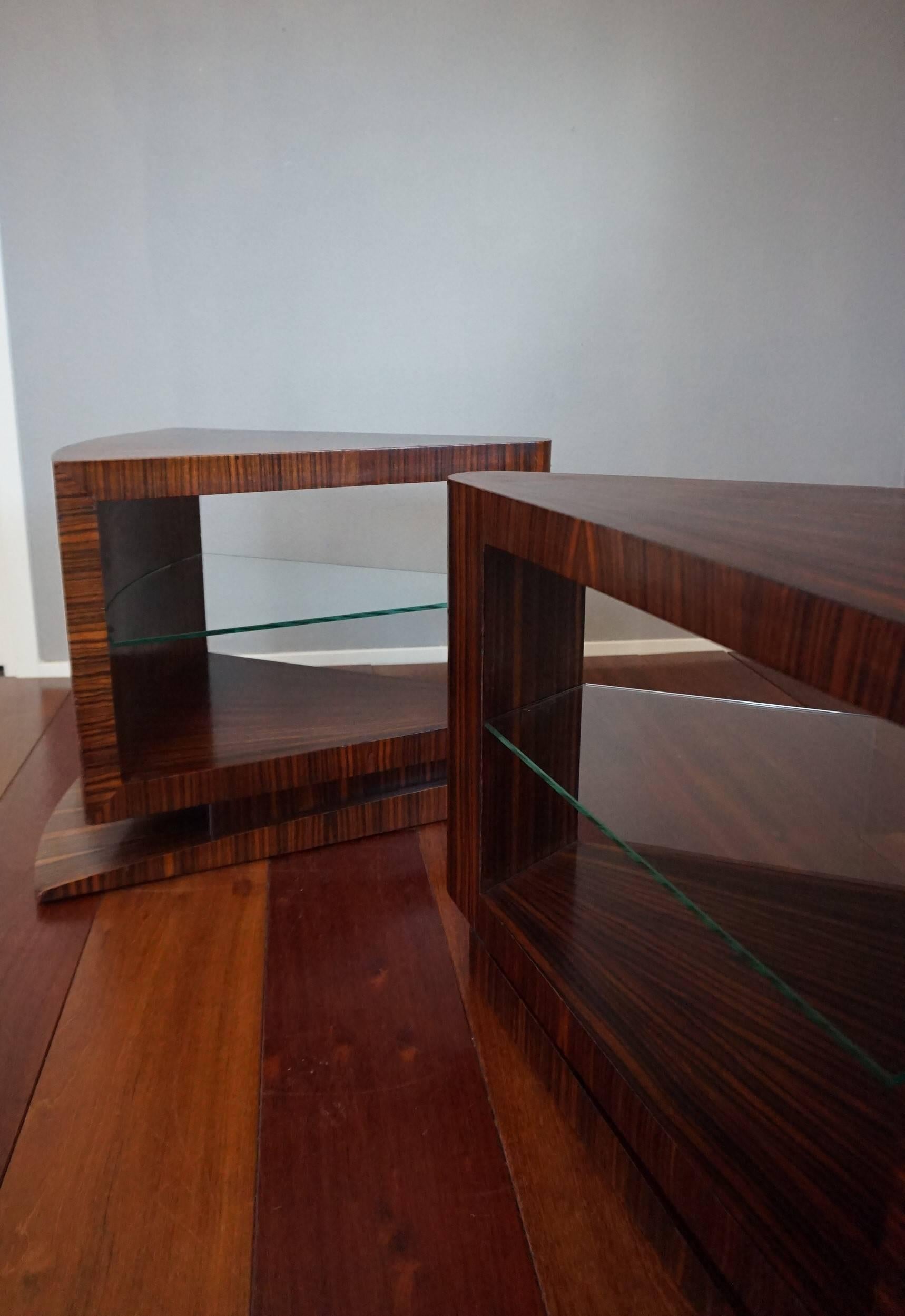 Unique Pair of Art Deco Coffee or Bedside Tables with Beveled Glass Tops 1