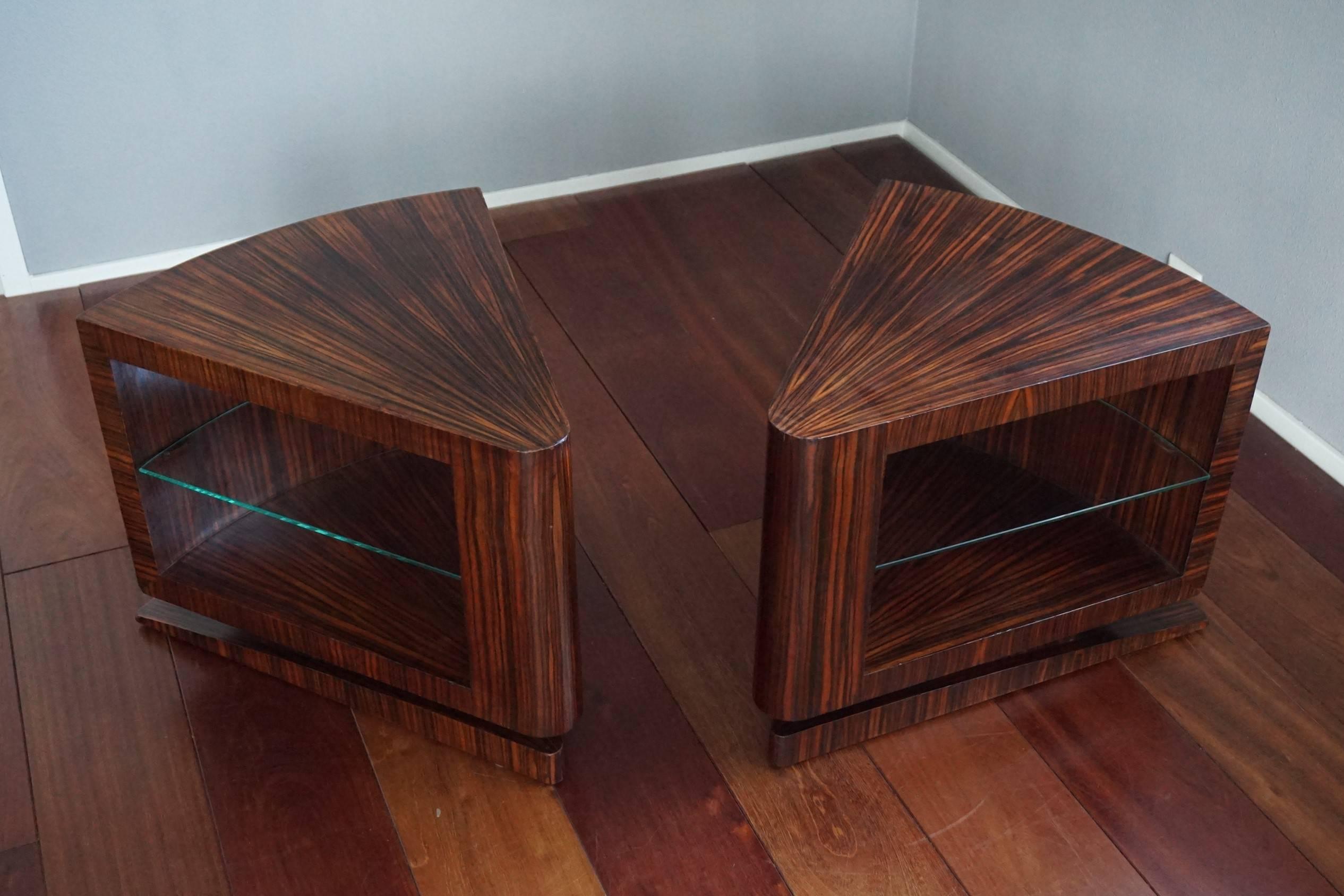 Unique Pair of Art Deco Coffee or Bedside Tables with Beveled Glass Tops 4