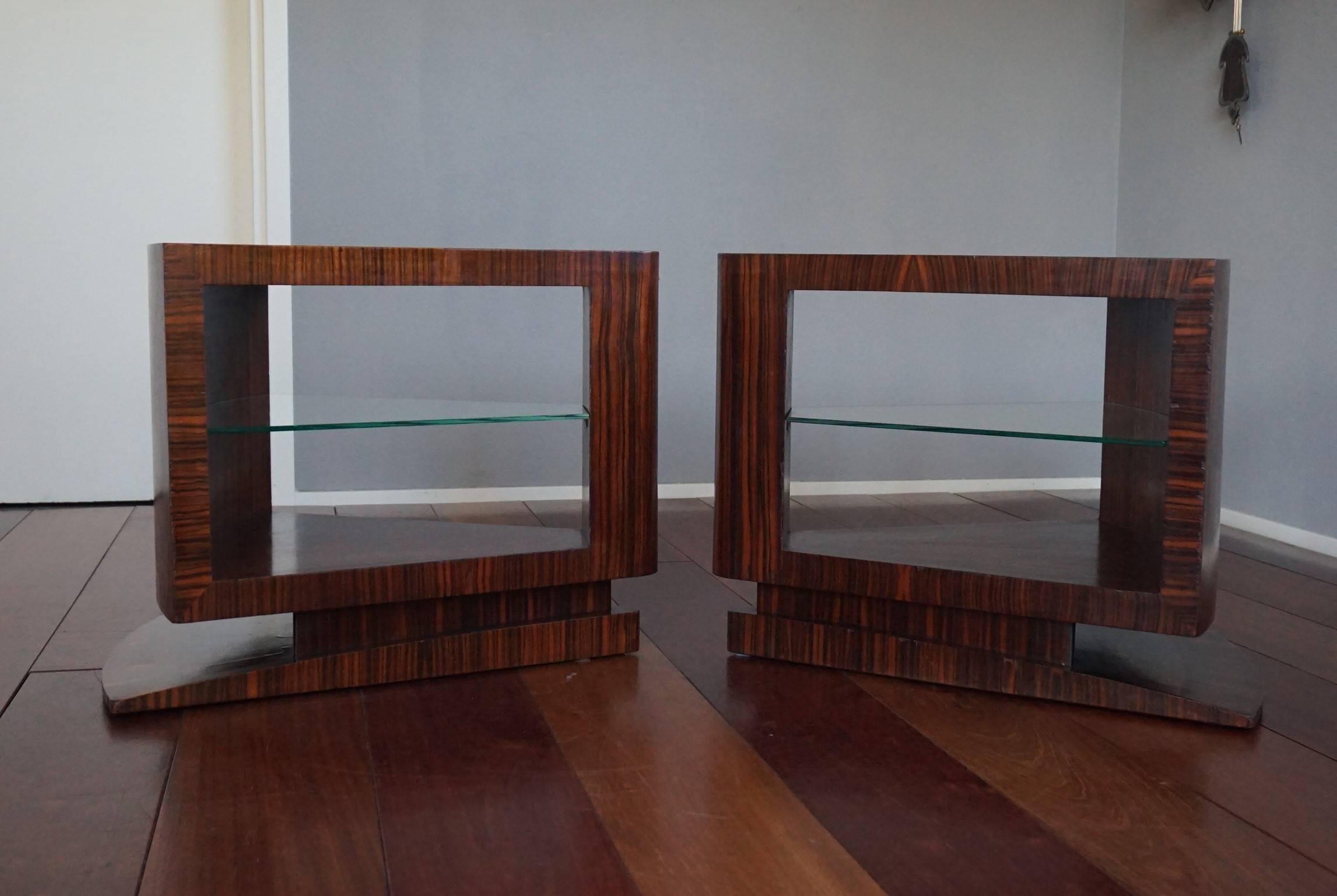 Unique Pair of Art Deco Coffee or Bedside Tables with Beveled Glass Tops 5