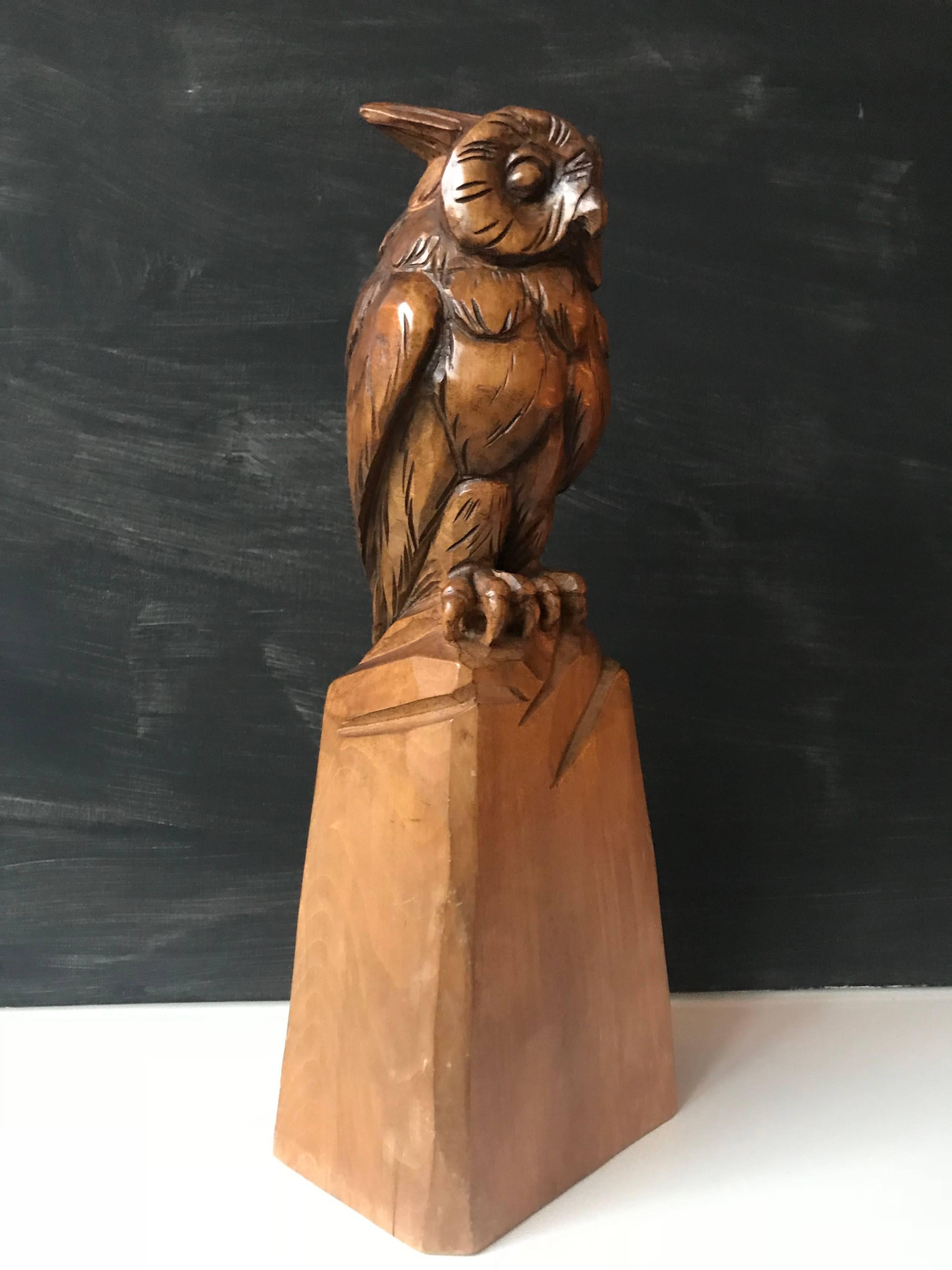 Art Deco era, hand-crafted owl sculpture. Early 1900s 

Through the ages, the owl as the international symbol of wisdom and learning has always had a great appeal to art collectors and scholars around the world. This fine example, sitting on a rock