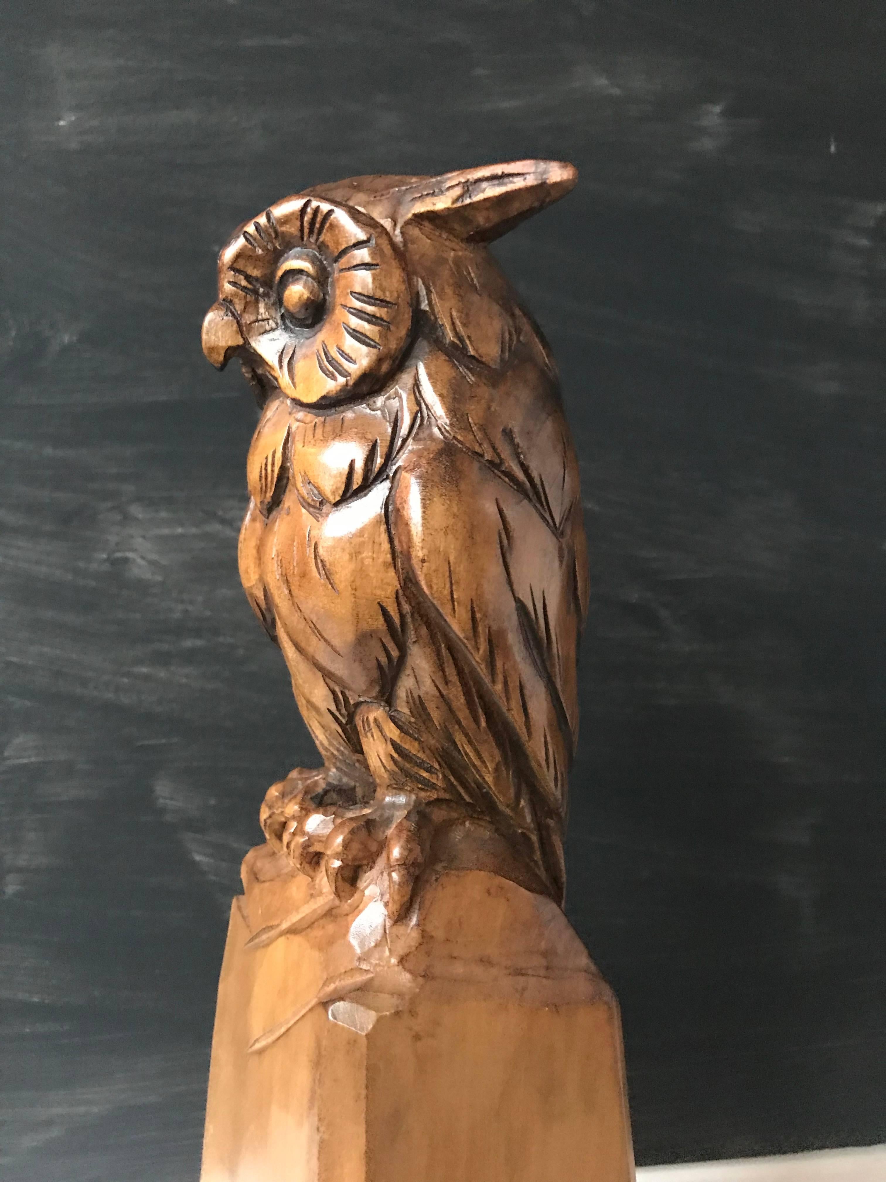 Stylish Carved Wooden Owl Sculpture Symbol of Wisdom and Learning with Signature In Good Condition In Lisse, NL