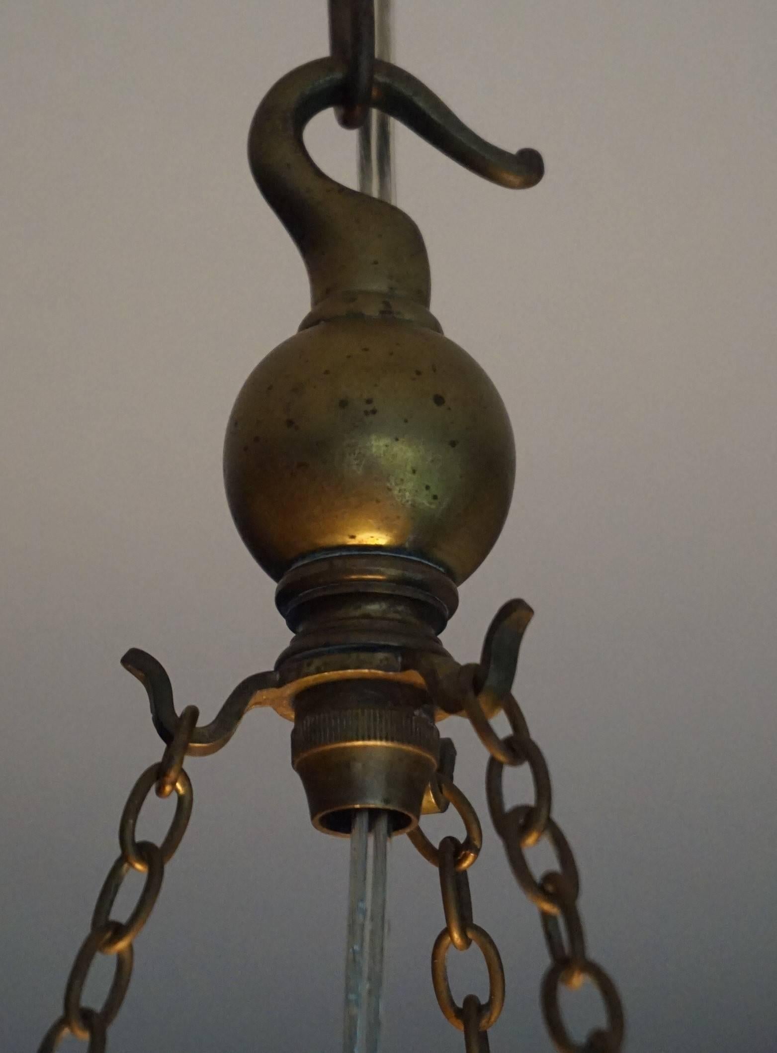 Stunning Early 20th Century American Glass & Brass Pendant Marked Jefferson 481 3