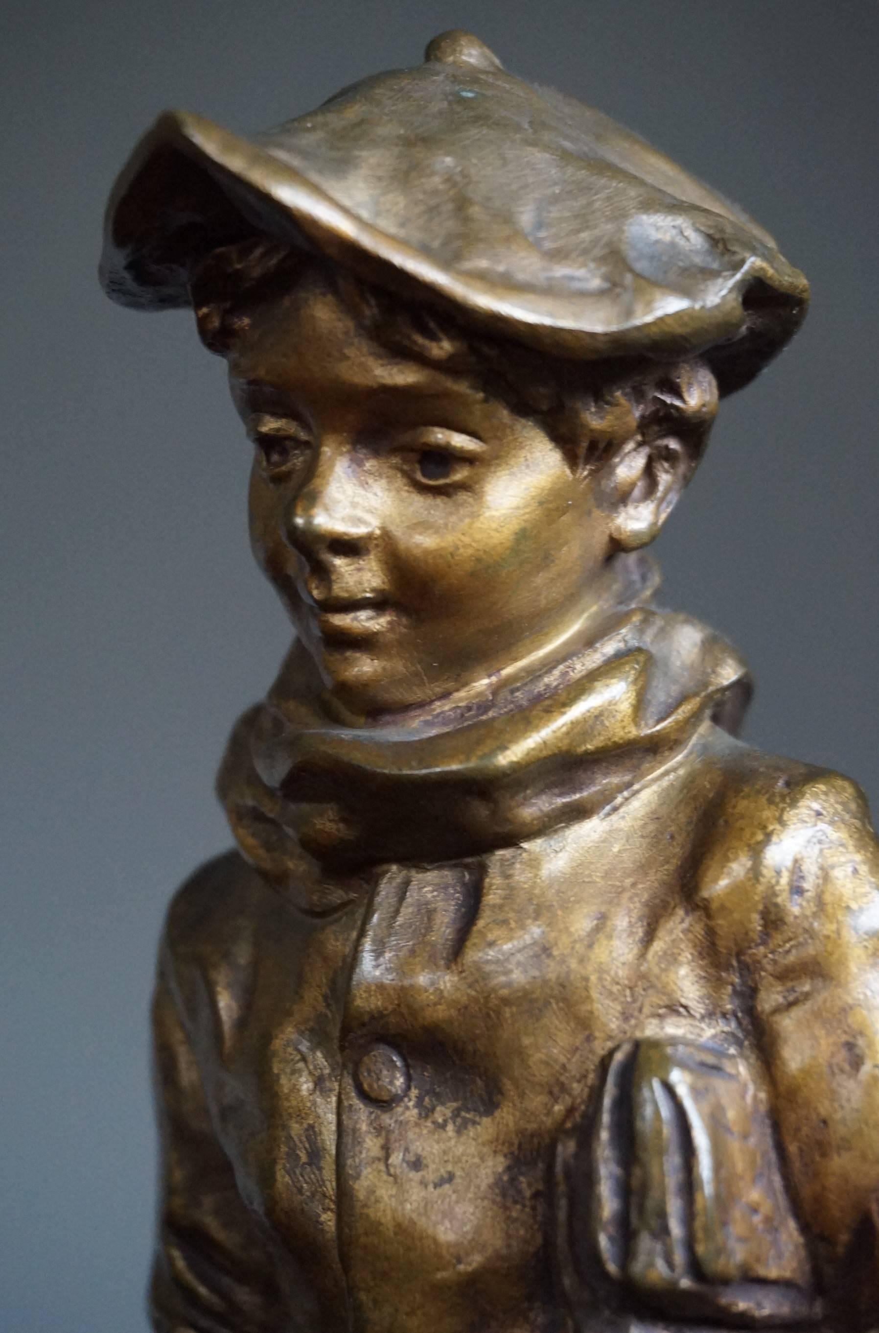 French Antique and Signed Gilt Bronze Boy with Newspaper by the Fire Table or Desk Lamp
