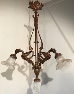 French Bronze Gothic Revival Four-Light Dragon Chandelier with Glass Shades