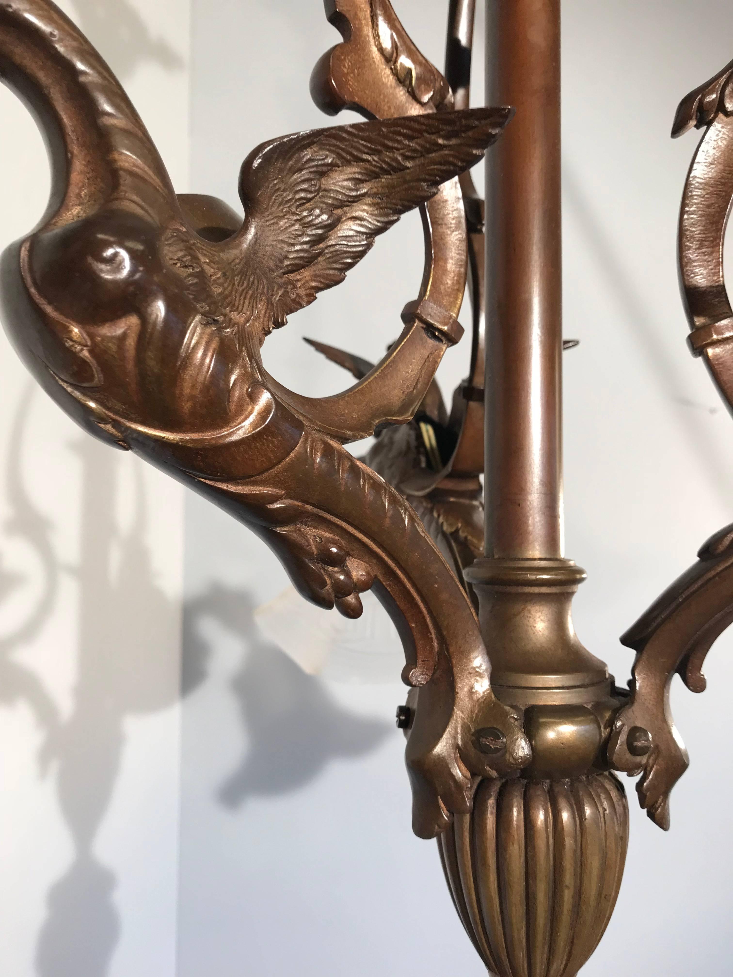 Cast French Bronze Gothic Revival Four-Light Dragon Chandelier with Glass Shades For Sale