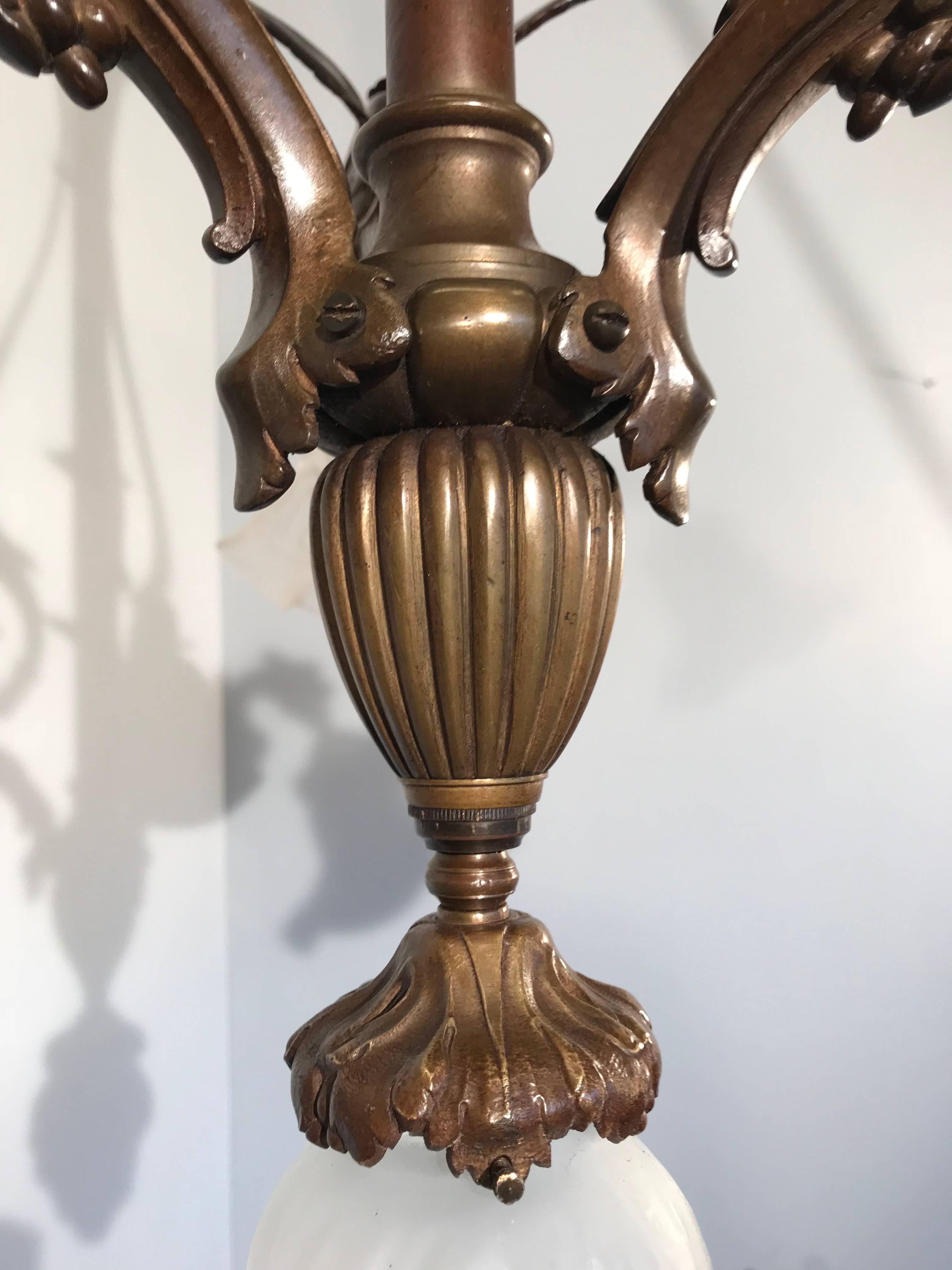 20th Century French Bronze Gothic Revival Four-Light Dragon Chandelier with Glass Shades For Sale