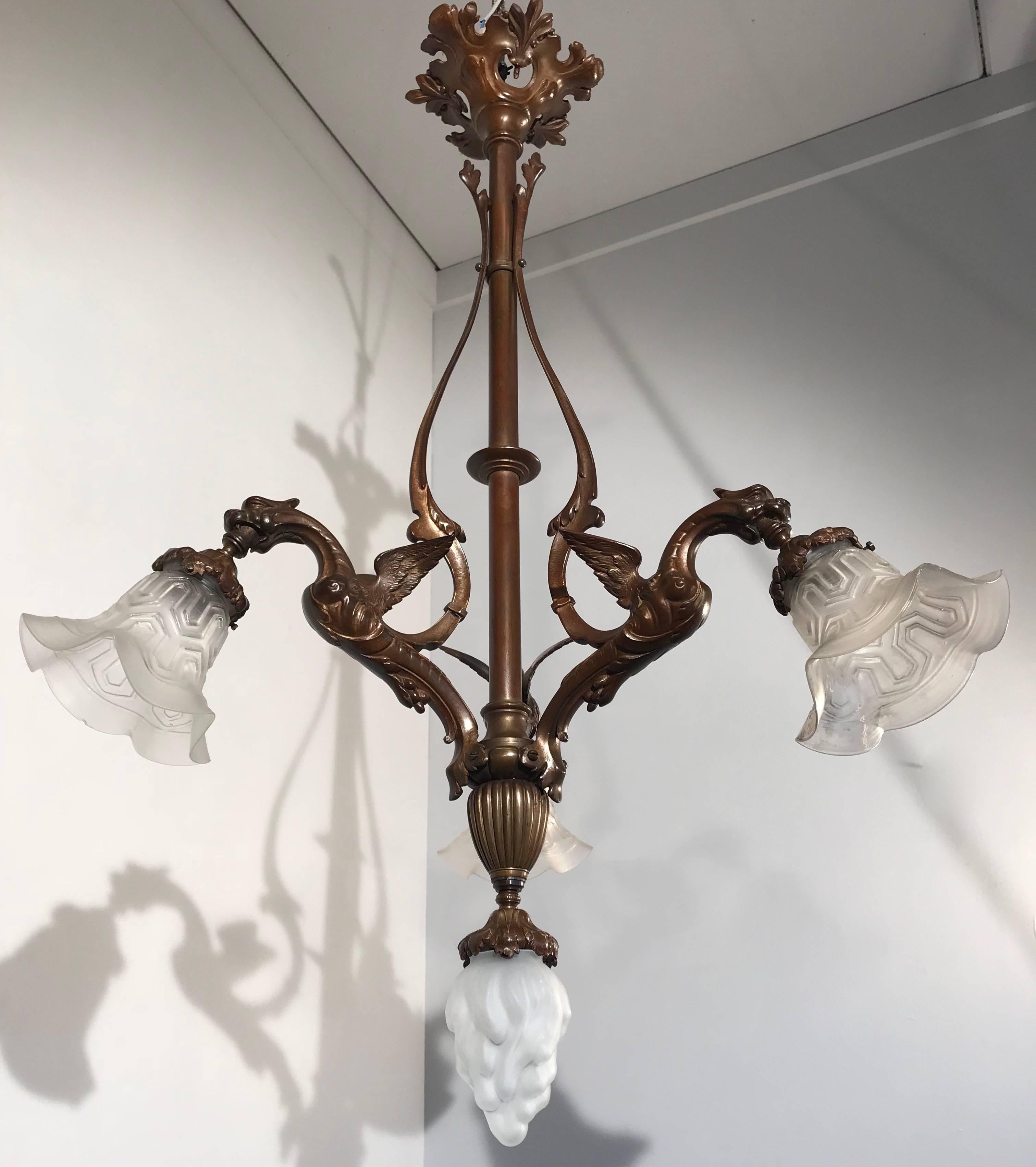 French Bronze Gothic Revival Four-Light Dragon Chandelier with Glass Shades For Sale 2