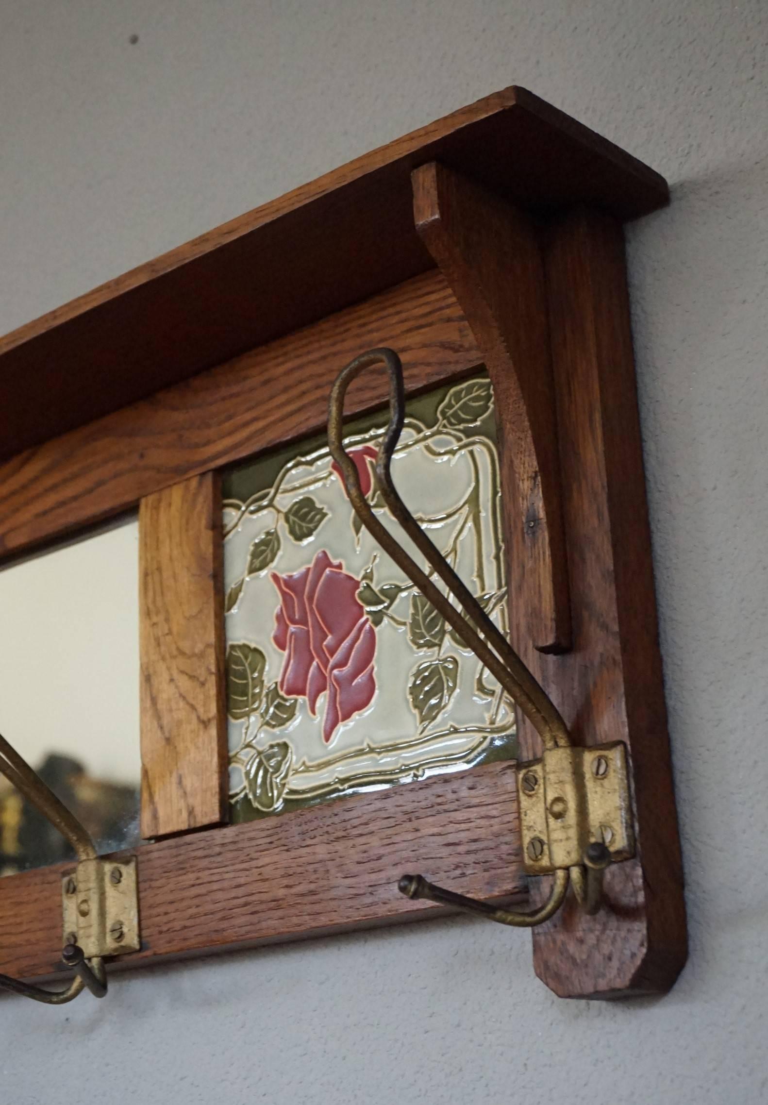 European Early 1900s Arts and Crafts Oak & Majolica Tiles Wall Coat Rack W. Roses Pattern