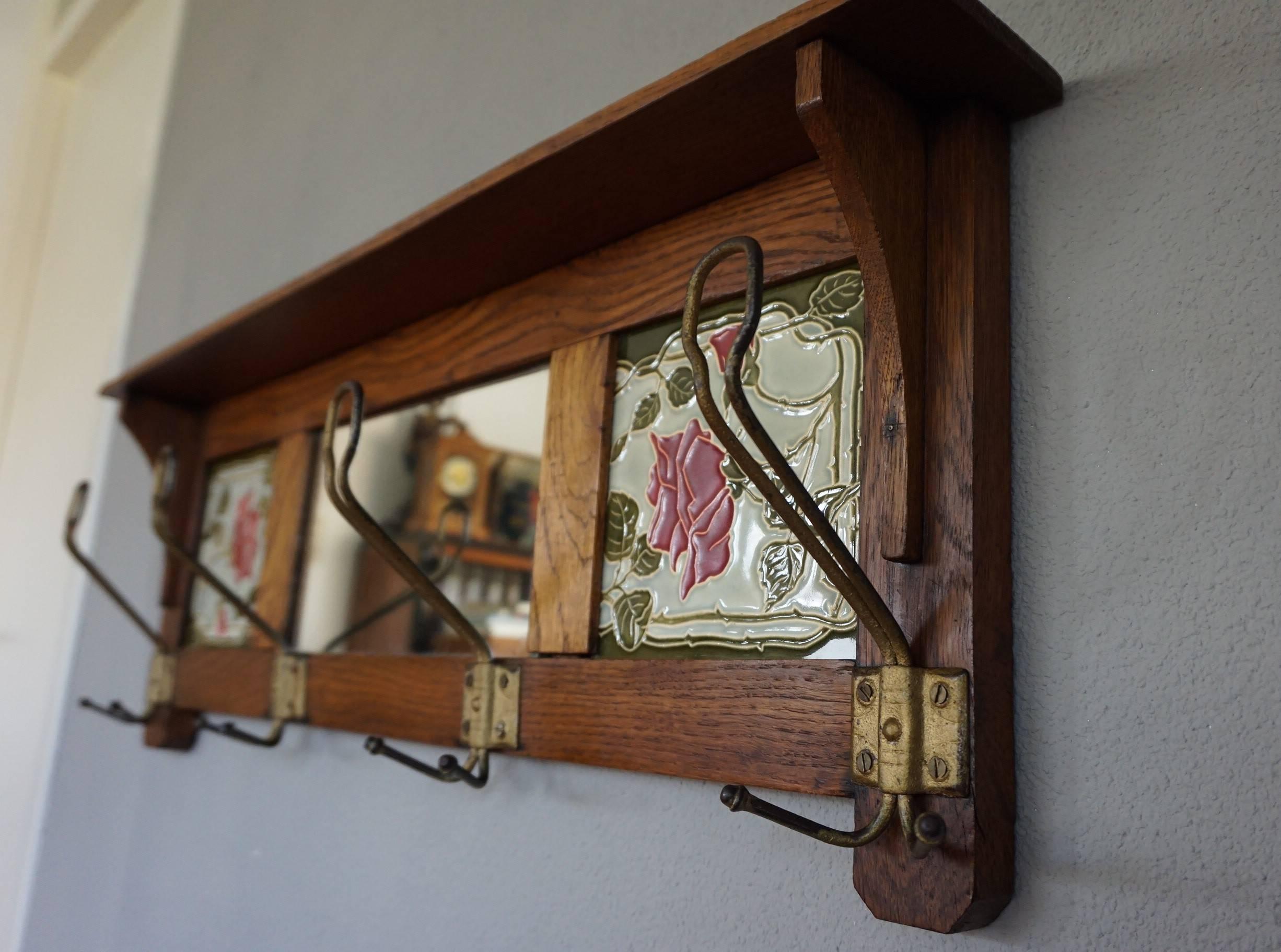 20th Century Early 1900s Arts and Crafts Oak & Majolica Tiles Wall Coat Rack W. Roses Pattern