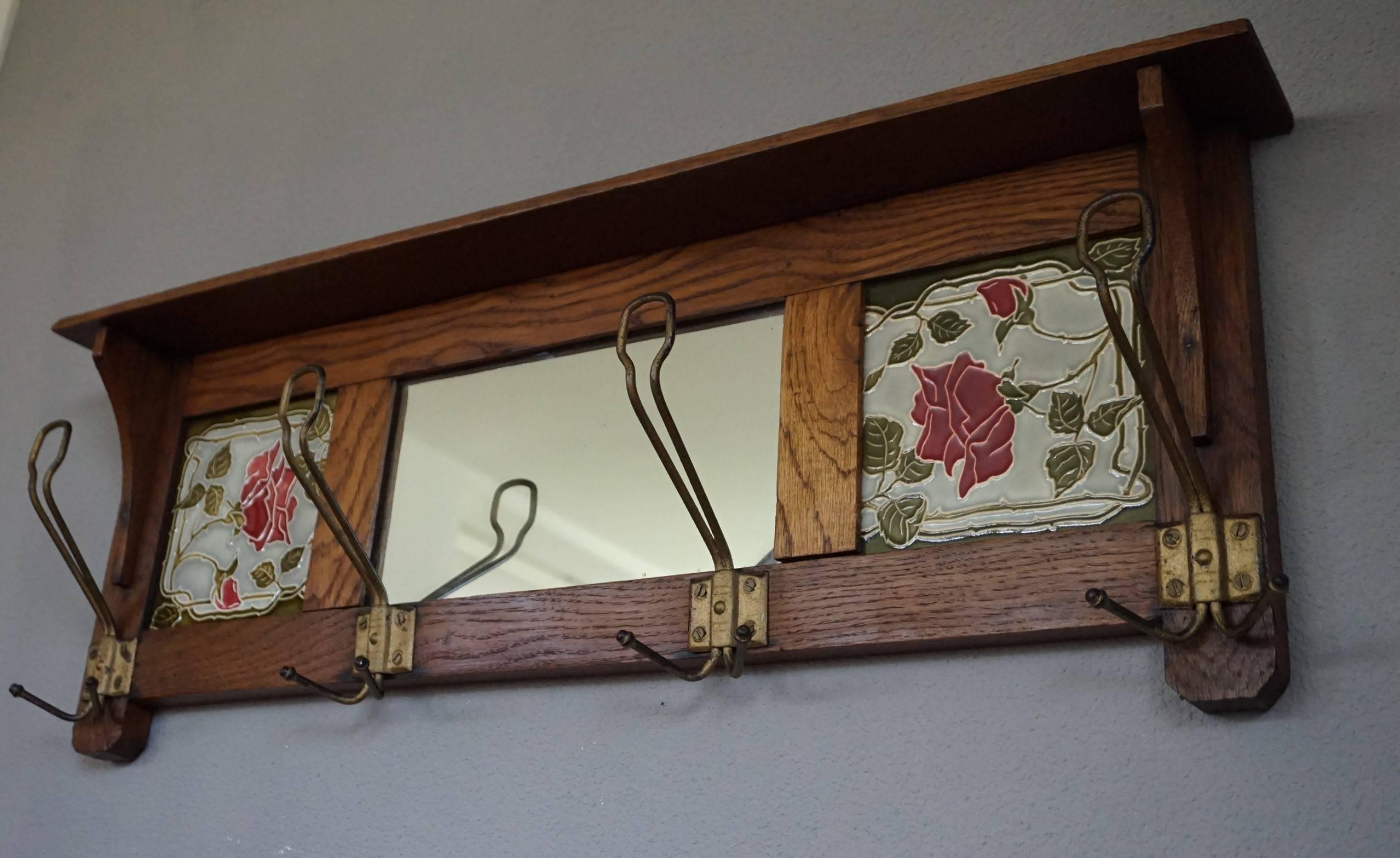 Early 1900s Arts and Crafts Oak & Majolica Tiles Wall Coat Rack W. Roses Pattern 1