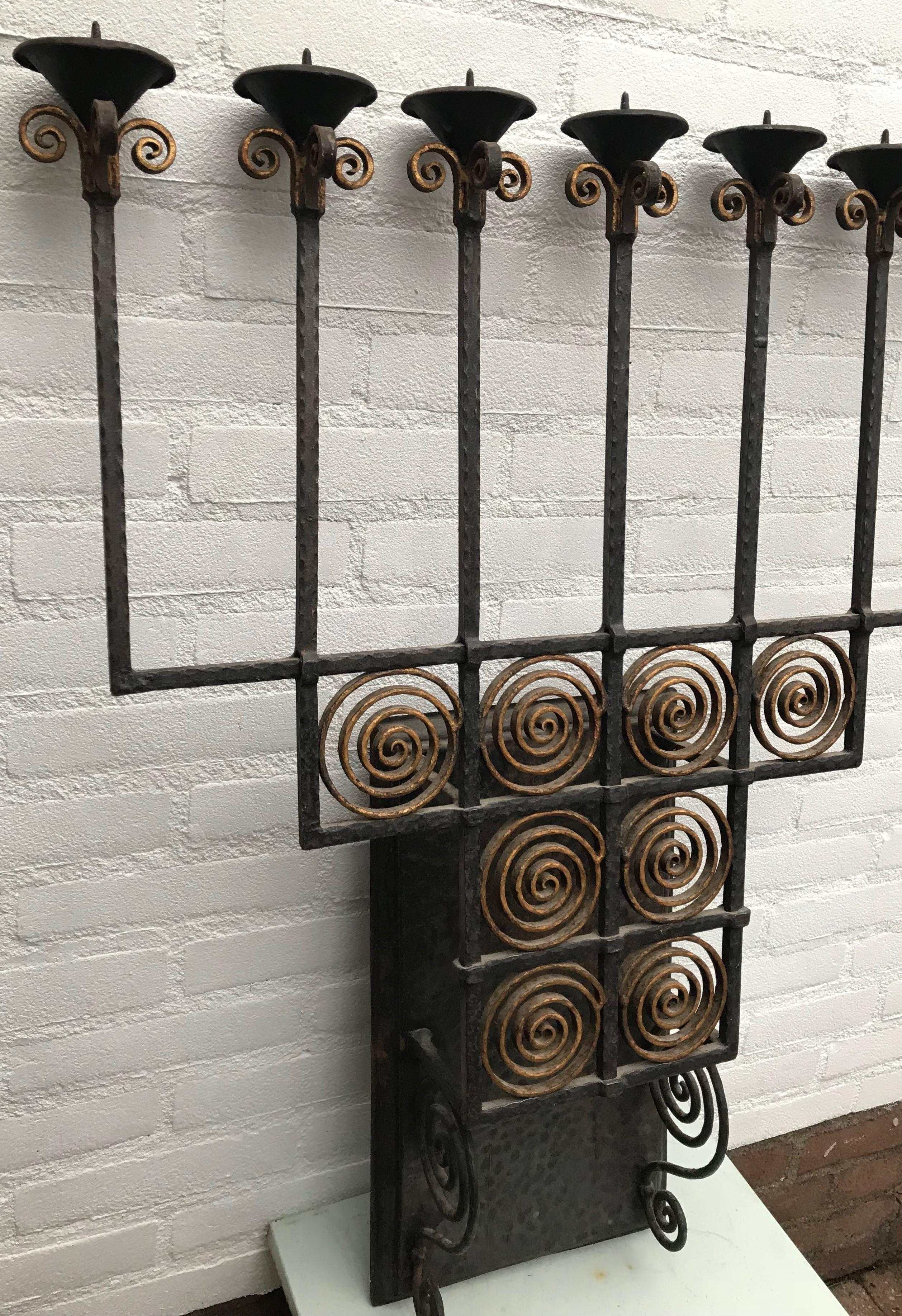 Arts and Crafts Early 1900s Large & Handcrafted Wrought Iron Seven-Light Wall Sconce Candelabra