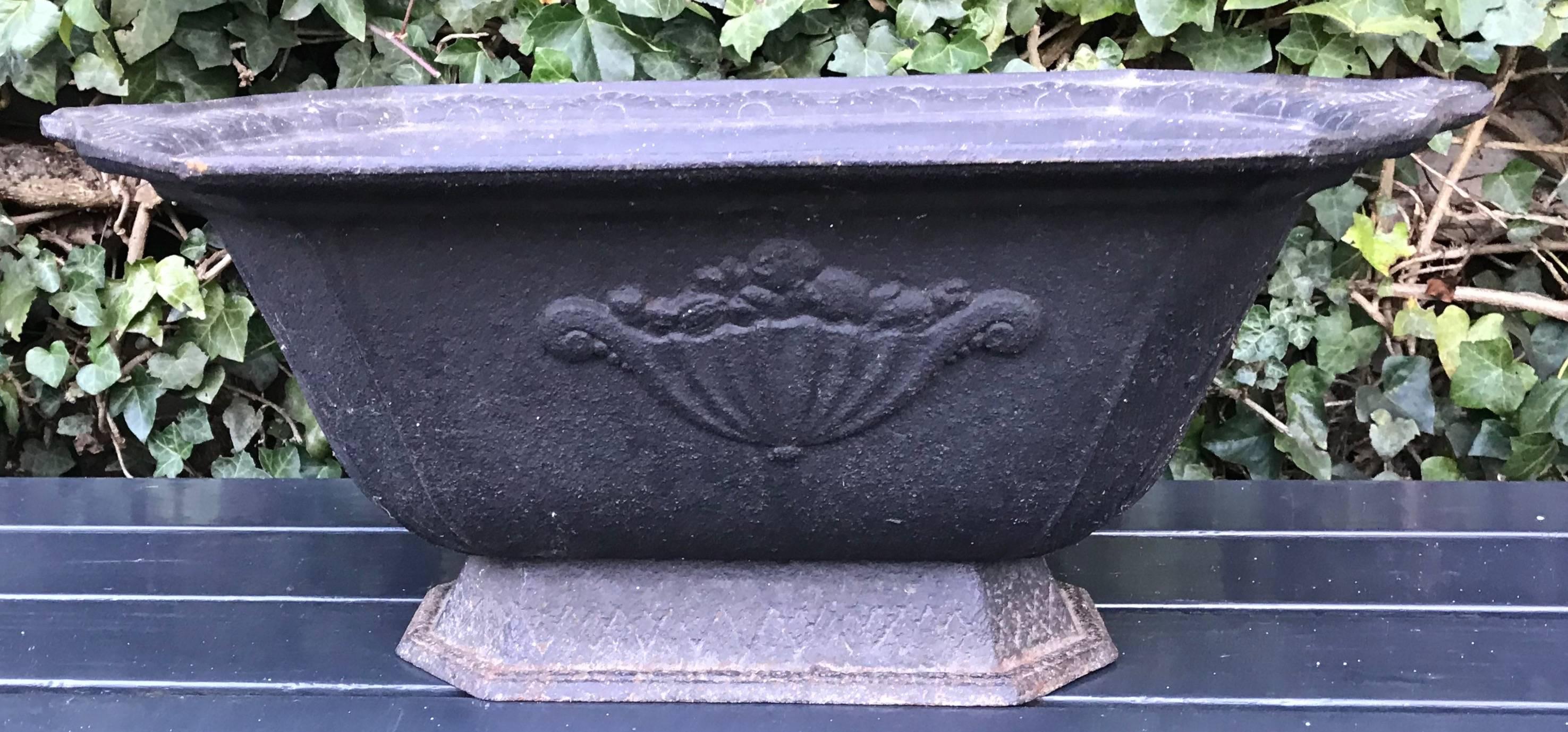 Beautifully shaped, cast iron planter.

This stylish, classical look planter is in excellent condition. Thanks to the shape and thanks to the organic and flowing motifs this cast iron beauty will look great both indoors and outdoors. Filled with low
