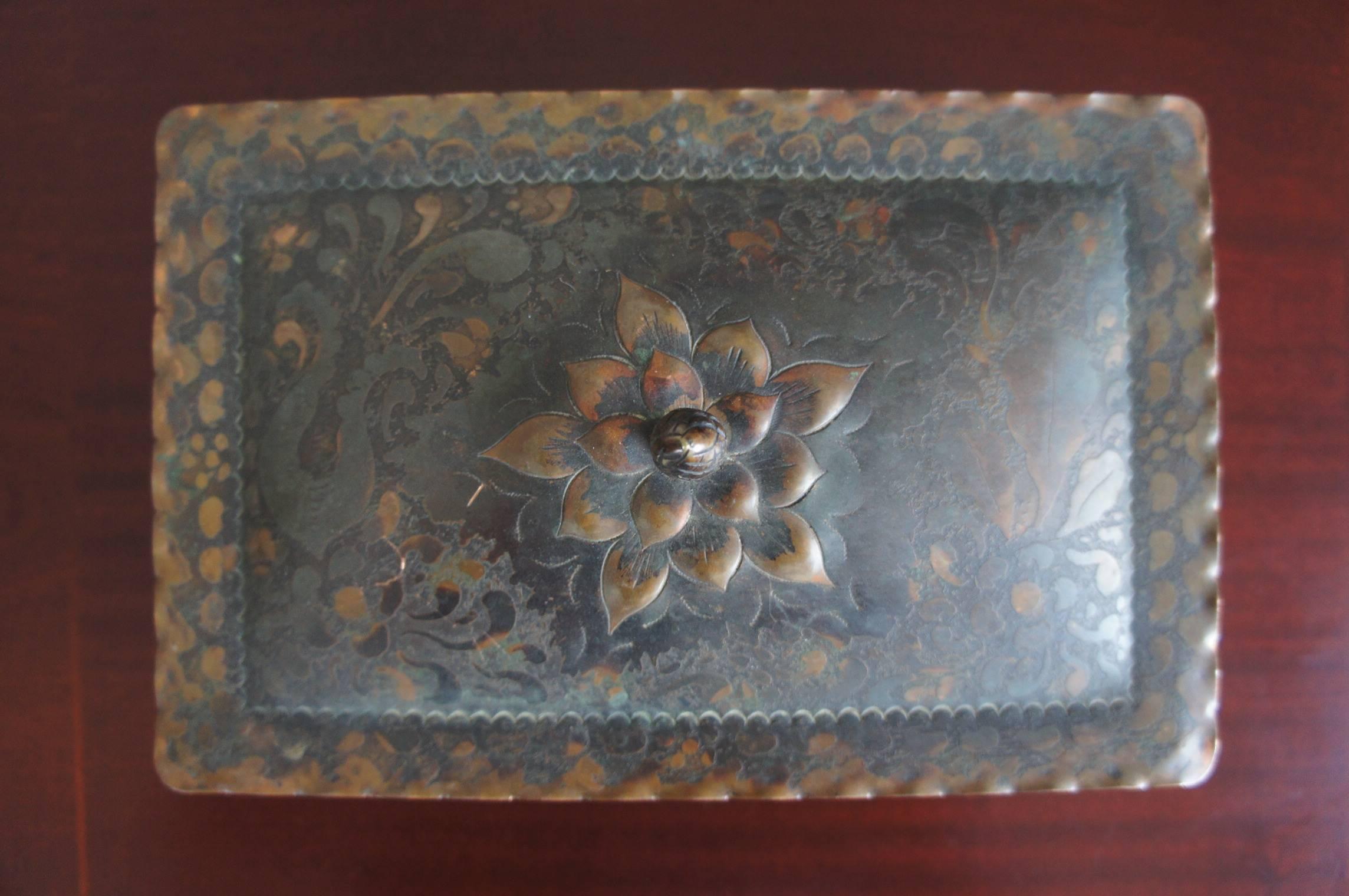 20th Century Arts and Crafts Style Copper Box with Acid Etched Leaf Motifs on Brass Claw Feet