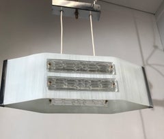 Rare Midcentury, Modernist Brass Chrome and Art Glass Pendant or Ceiling Lamp
