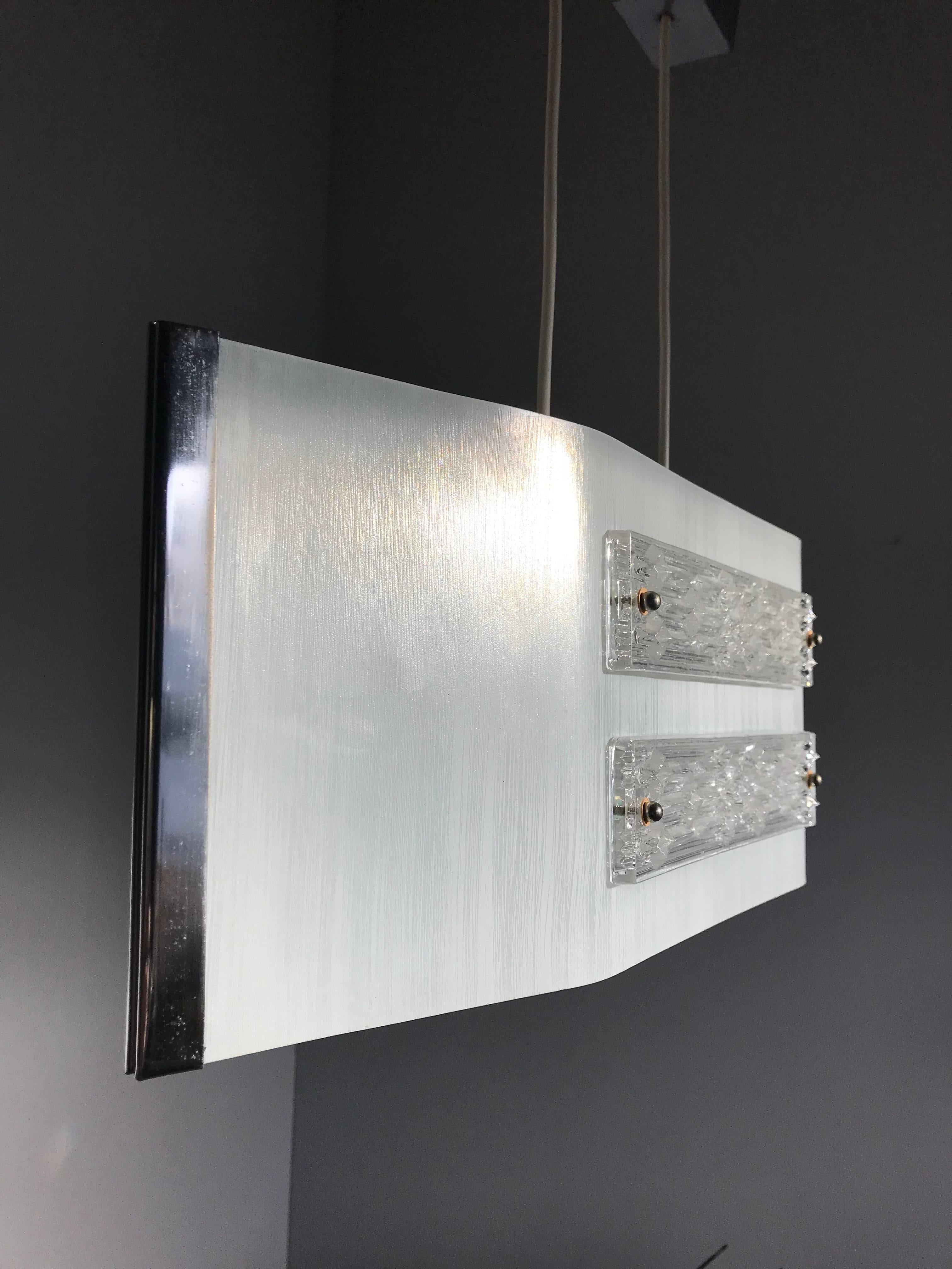 Rare Midcentury, Modernist Brass Chrome and Art Glass Pendant or Ceiling Lamp For Sale 4