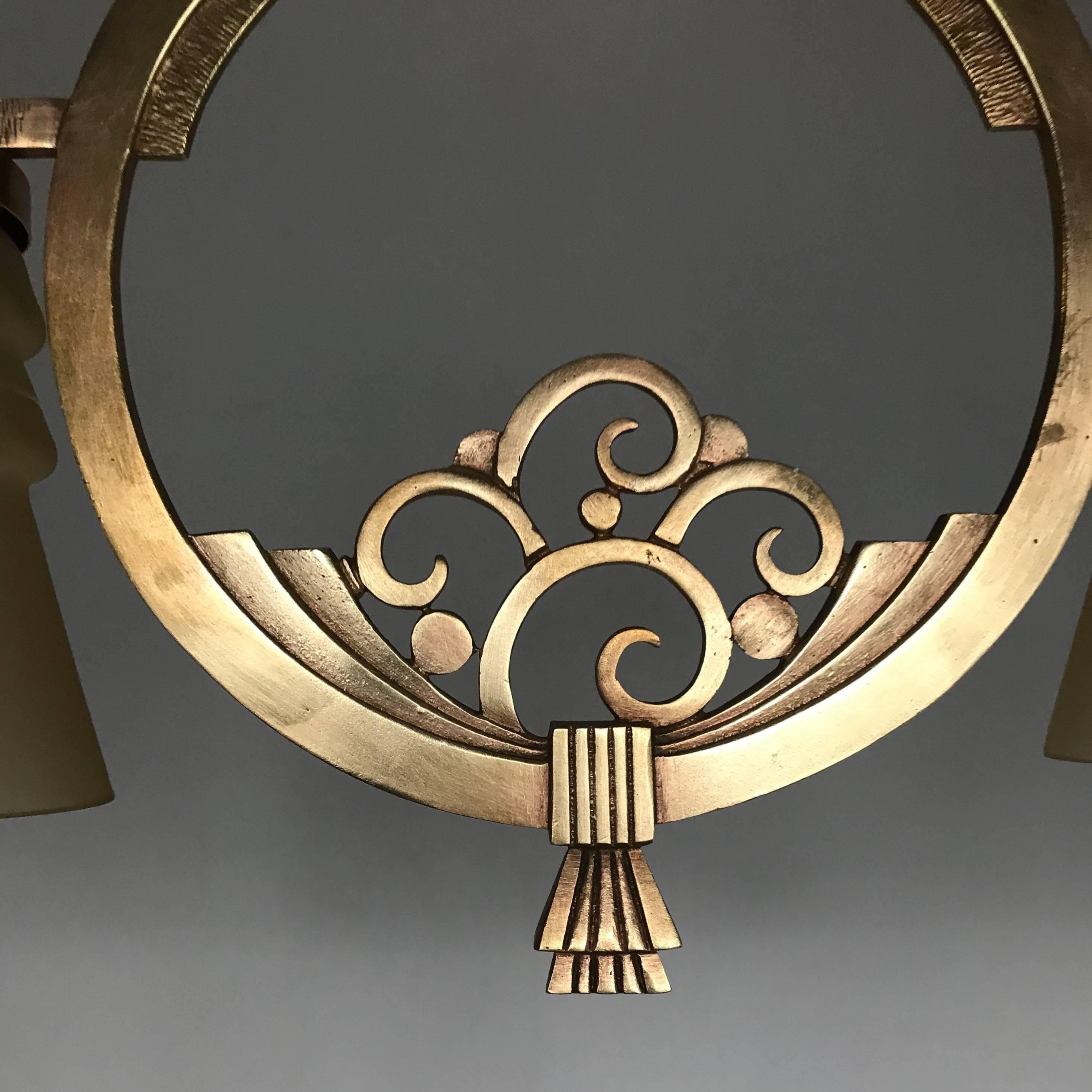 Highly Stylish 1920s Art Deco Era Vienna Bronze and Glass Pendant Light Fixture 2