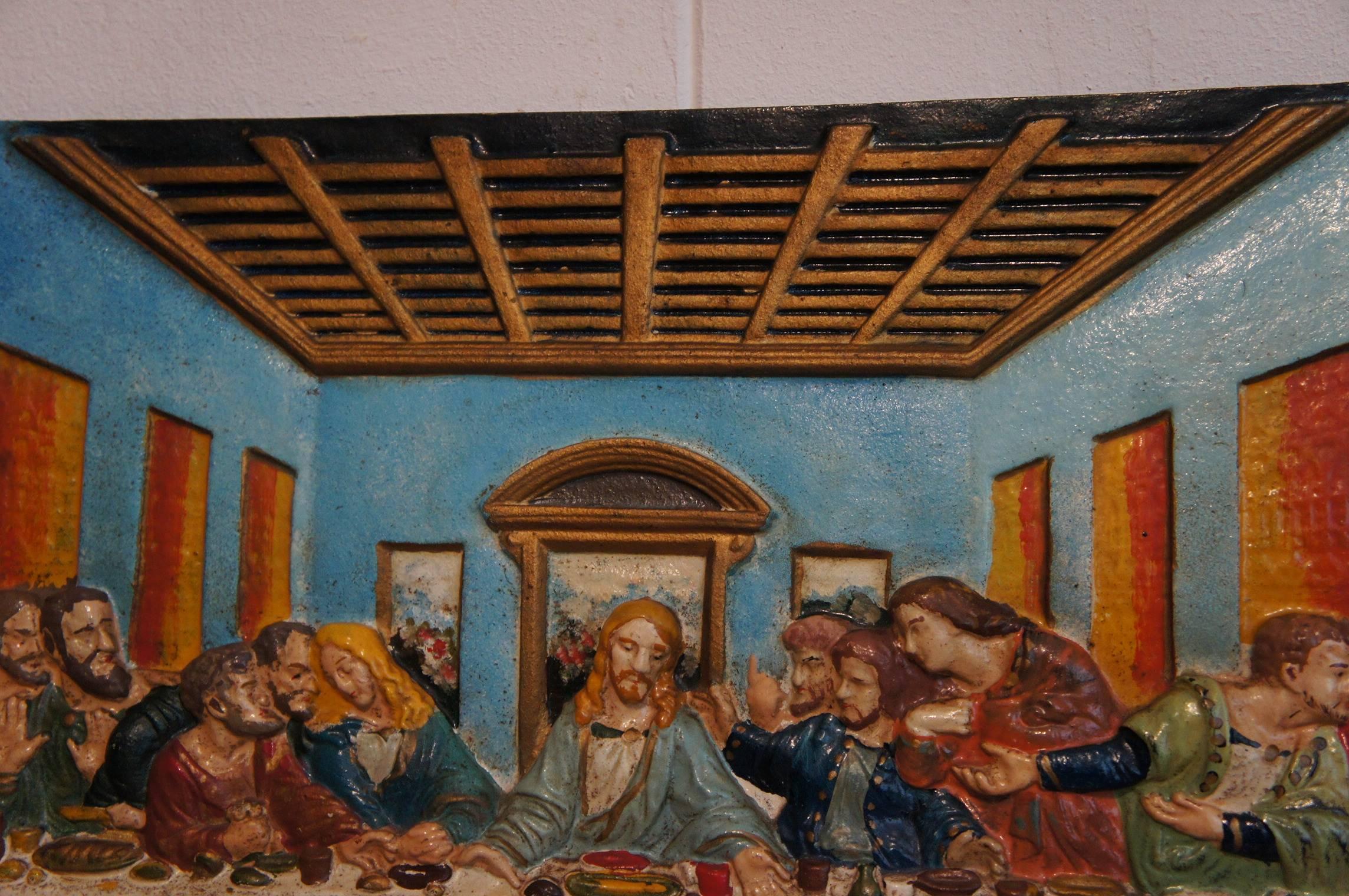Renaissance Colorful and Handcrafted Cast Iron Wall Plaque of the Last Supper of Christ 1950 For Sale