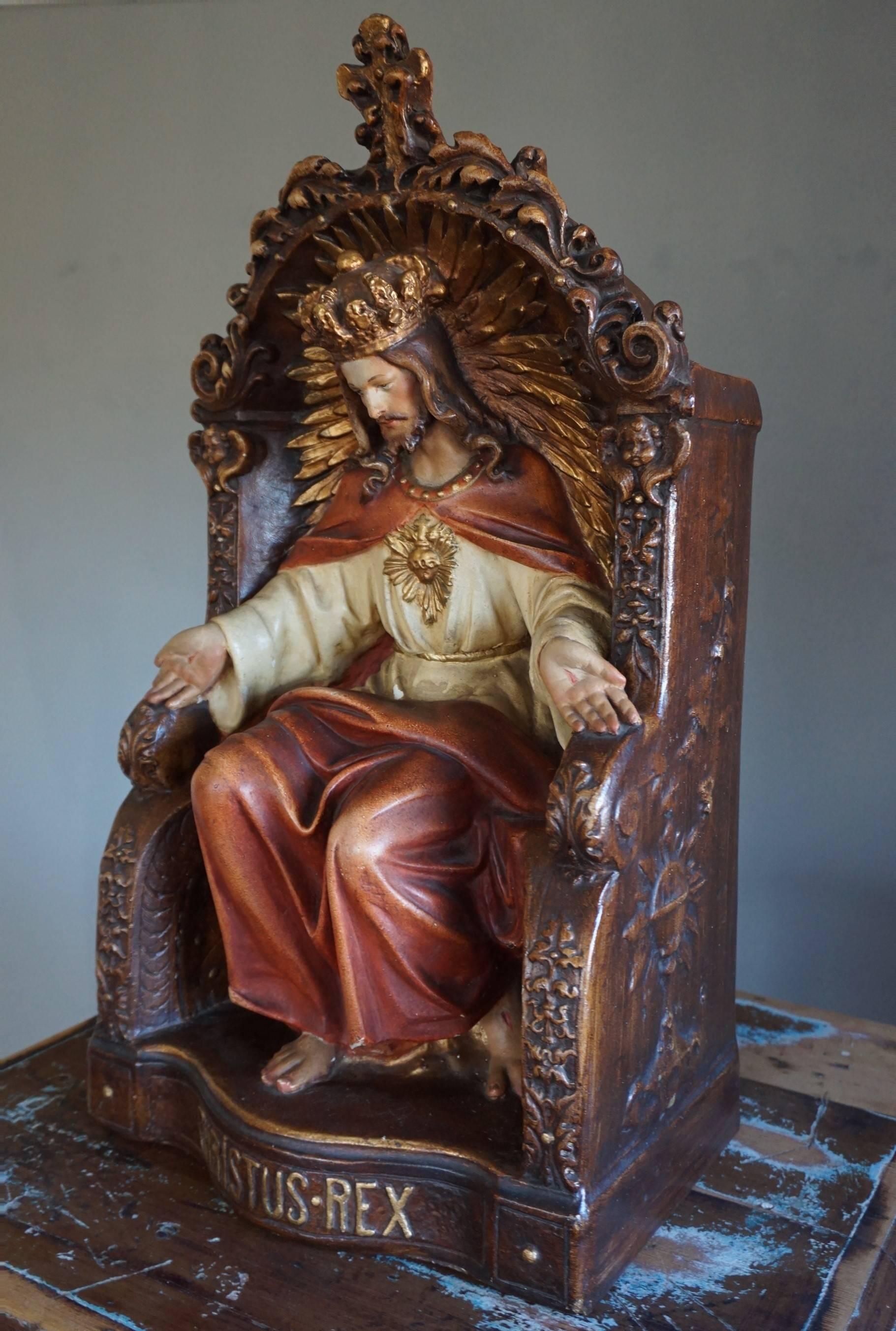 Good size and stunning religious alter/display piece.

This rare and fine quality religious sculpture depicts Jesus on a throne wearing a crown. This obviously is not about Jesus being a king, but much more about his teachings and legacy that should