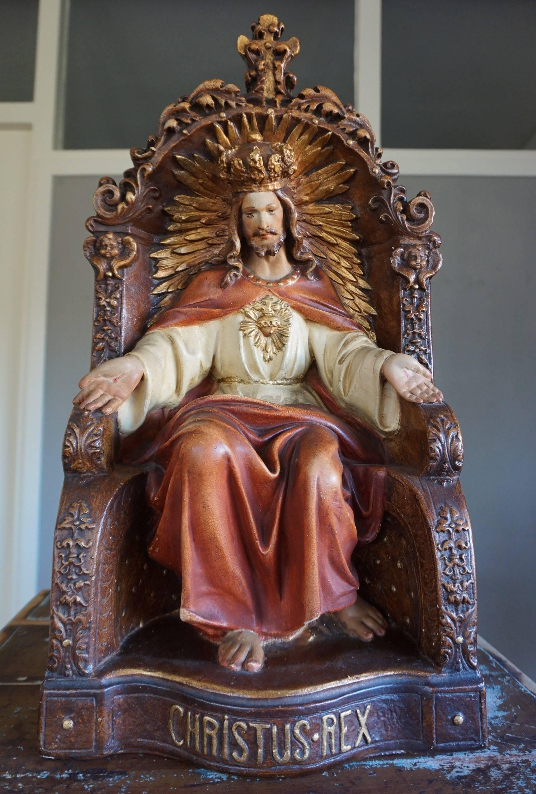 Early 20th Century 'Christ is King' Polychrome Painted, Cast Plaster Sculpture In Excellent Condition In Lisse, NL