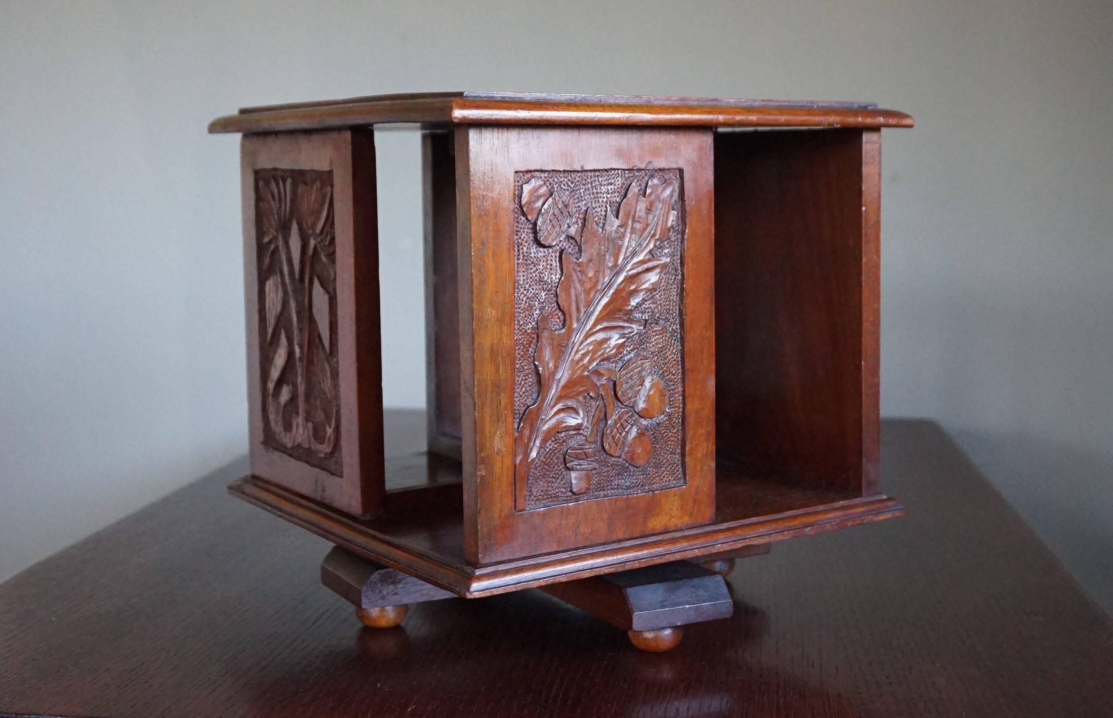 Hand-crafted and rare revolving bookcase.

This rare and elegant little antique is still in excellent condition. This table model was used by the elite for displaying their small books such as dictionaries and bibles. Mind you, this was in a time