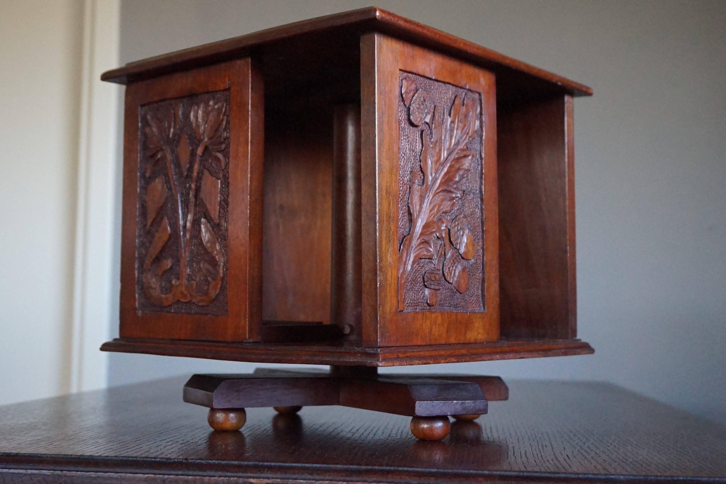 Mahogany Hand-Carved Arts and Crafts Revolving Bookcase for Placing on a Table or Desk