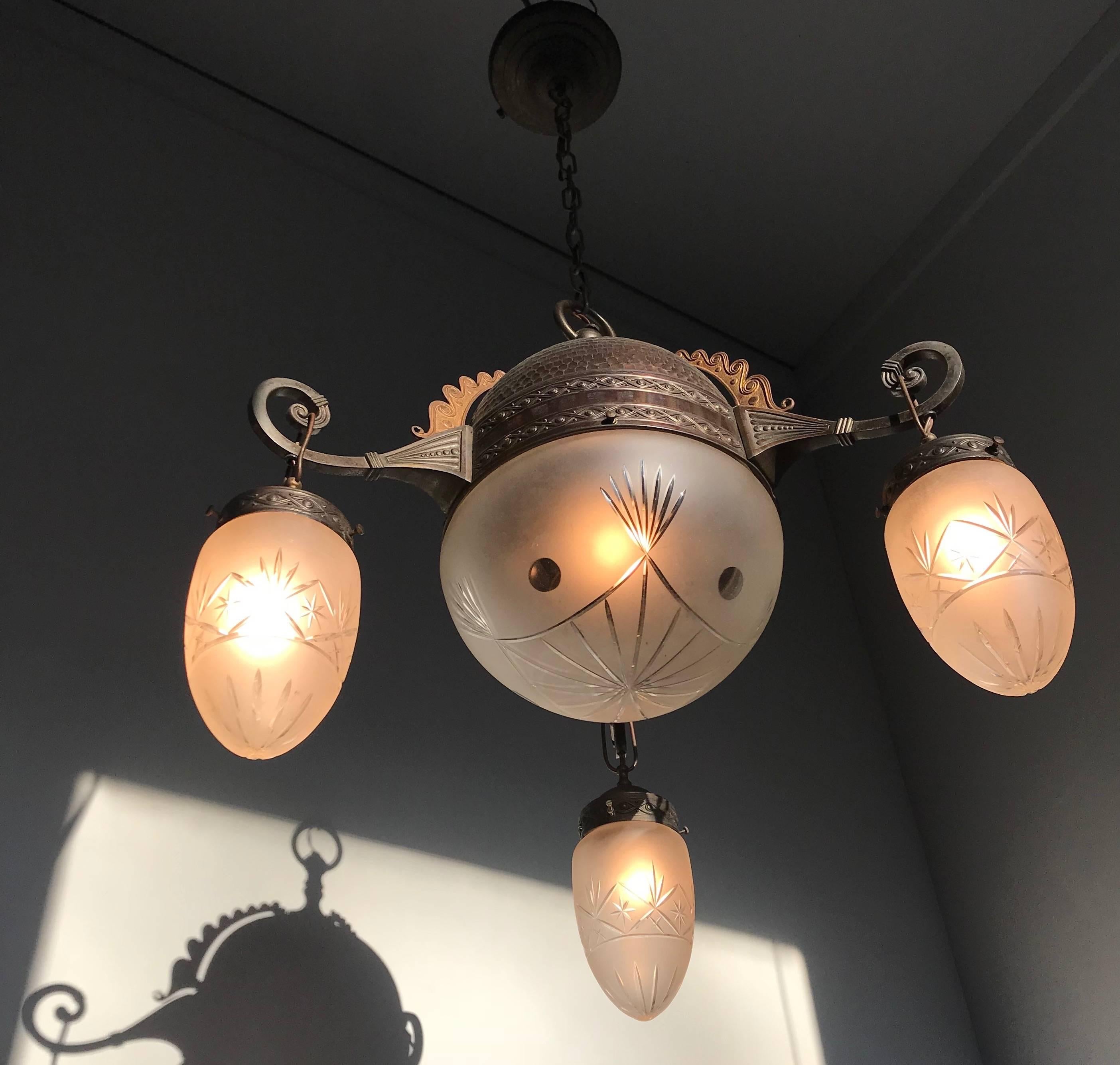 Arts and Crafts Arts & Crafts Pendant Light, Patinated Brass / Bronze and Engraved Glass Shades