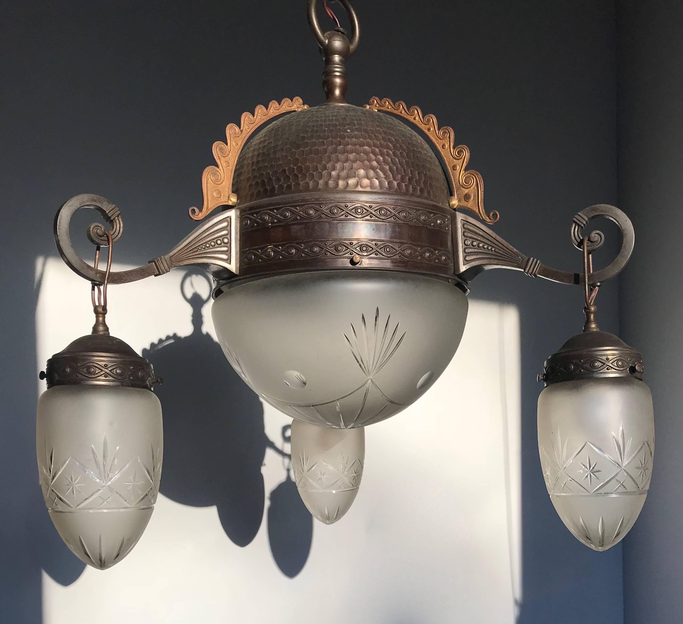 Dutch Arts & Crafts Pendant Light, Patinated Brass / Bronze and Engraved Glass Shades