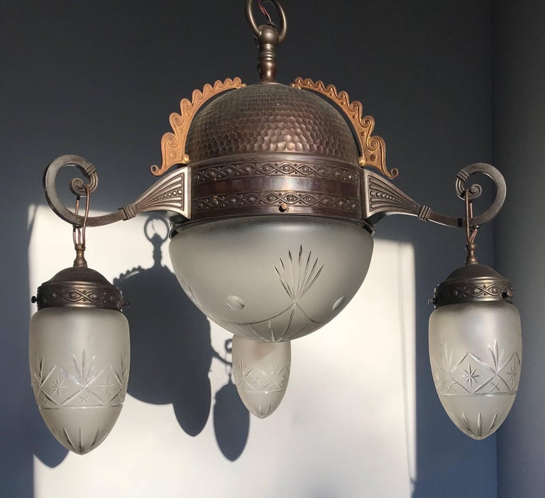 Dutch Arts & Crafts Pendant Light, Patinated Brass / Bronze and Engraved Glass Shades For Sale