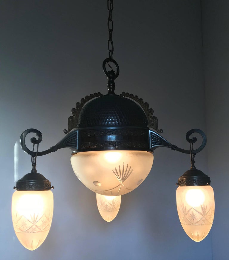 Arts & Crafts Pendant Light, Patinated Brass / Bronze and Engraved Glass Shades For Sale 2