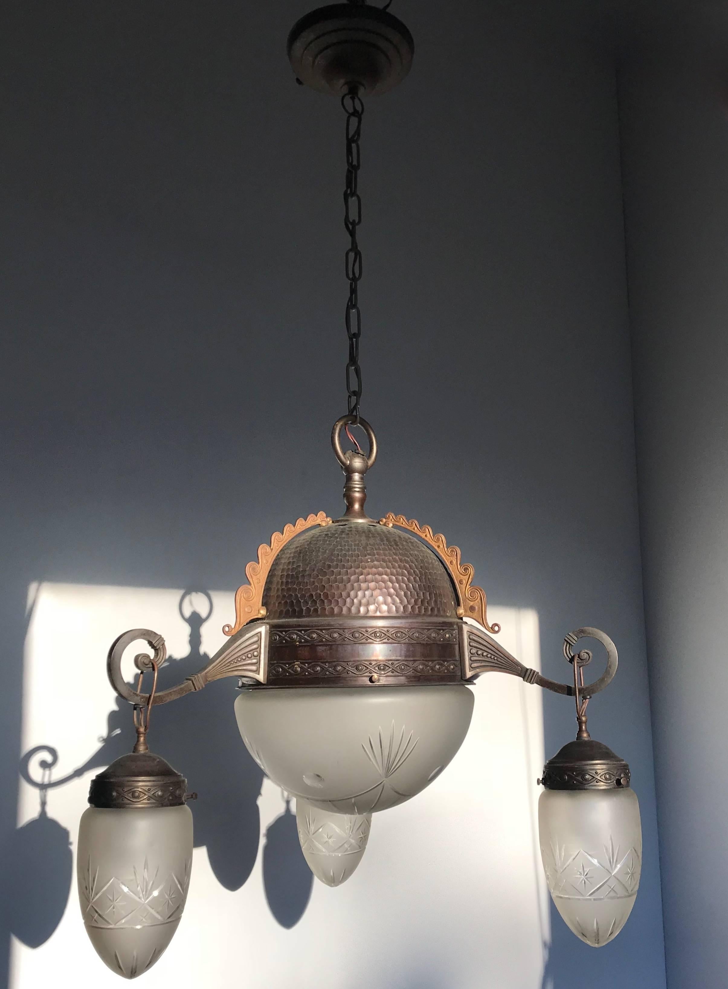 Arts & Crafts Pendant Light, Patinated Brass / Bronze and Engraved Glass Shades 3