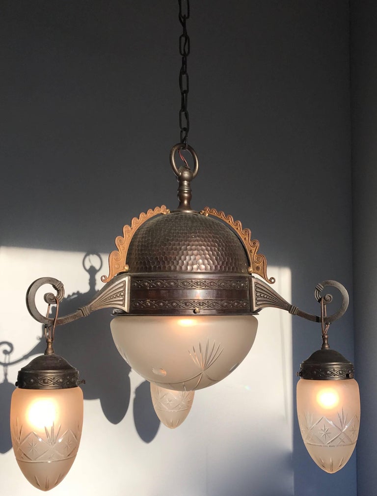 Arts & Crafts Pendant Light, Patinated Brass / Bronze and Engraved Glass Shades For Sale 4