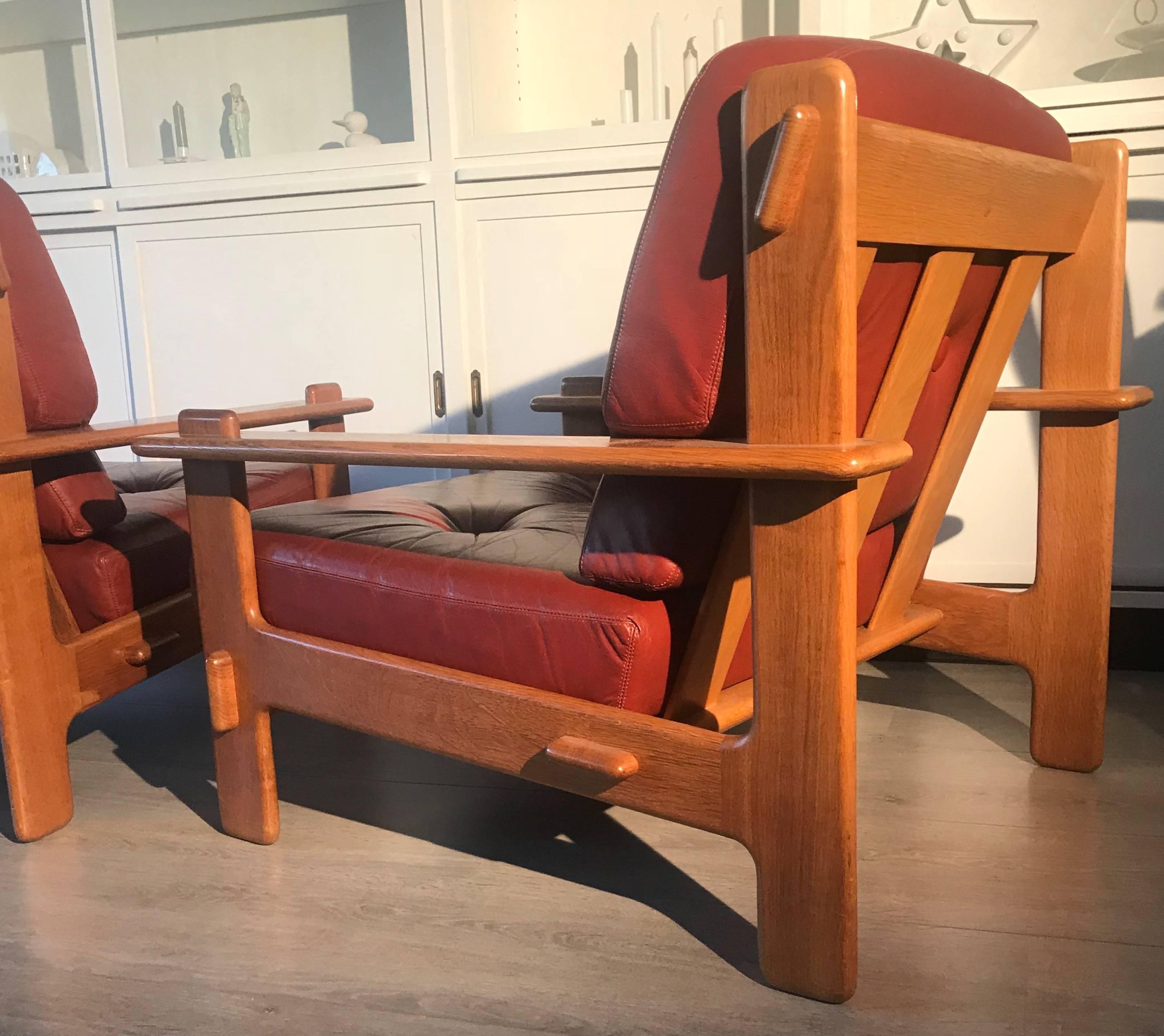 Late 20th Century Scandinavian Design Oak & Leather Lounge Chairs Great Quality For Sale 1