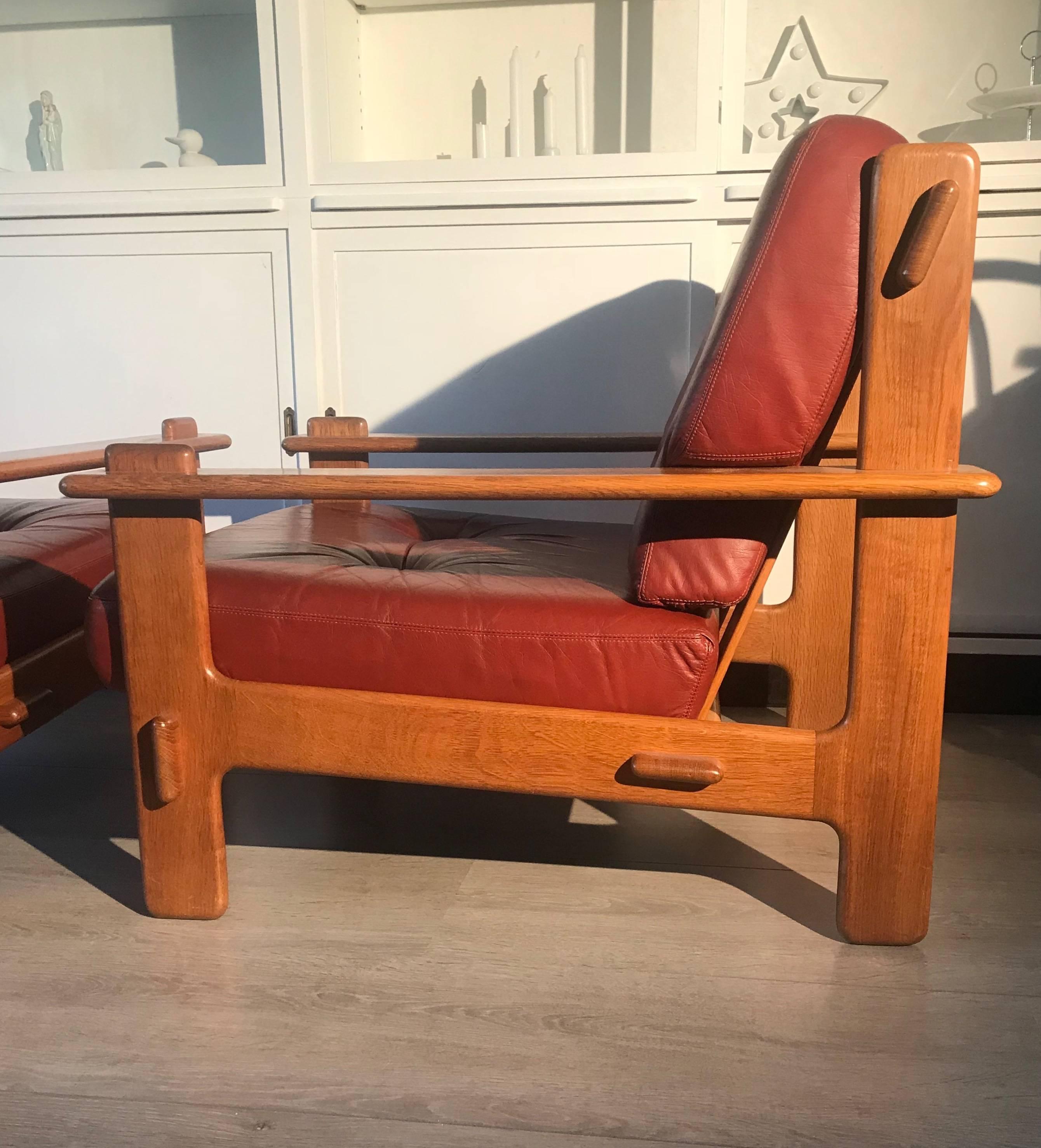 Late 20th Century Scandinavian Design Oak & Leather Lounge Chairs Great Quality For Sale 2