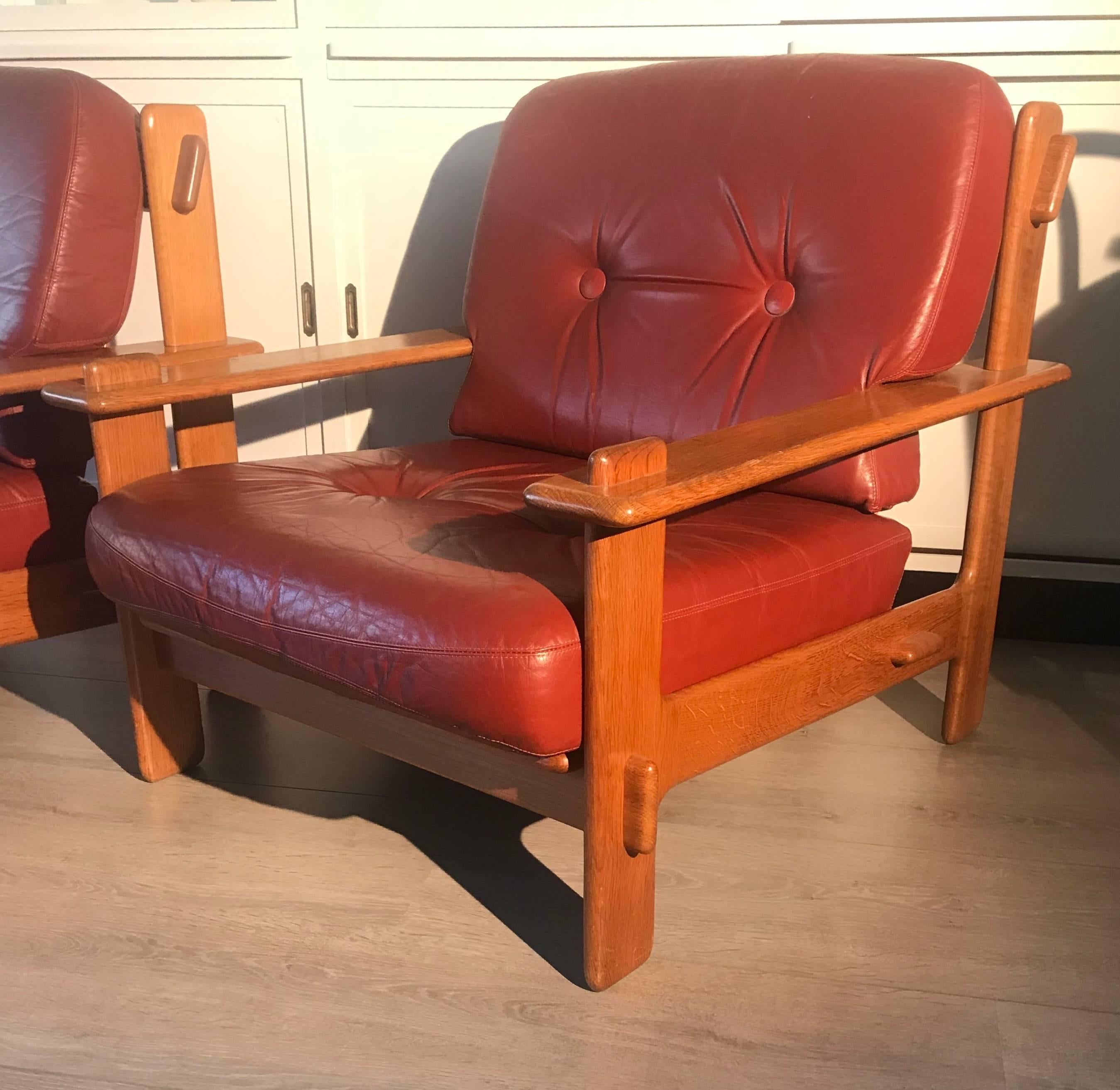 Late 20th Century Scandinavian Design Oak & Leather Lounge Chairs Great Quality For Sale 4