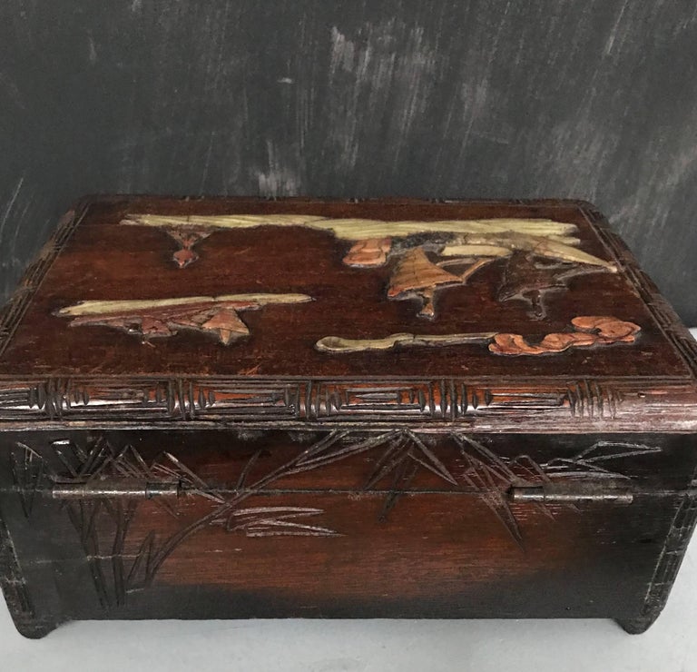 Antique HandCarved Chestnut Box in Asian Bamboo Style Inlaid with