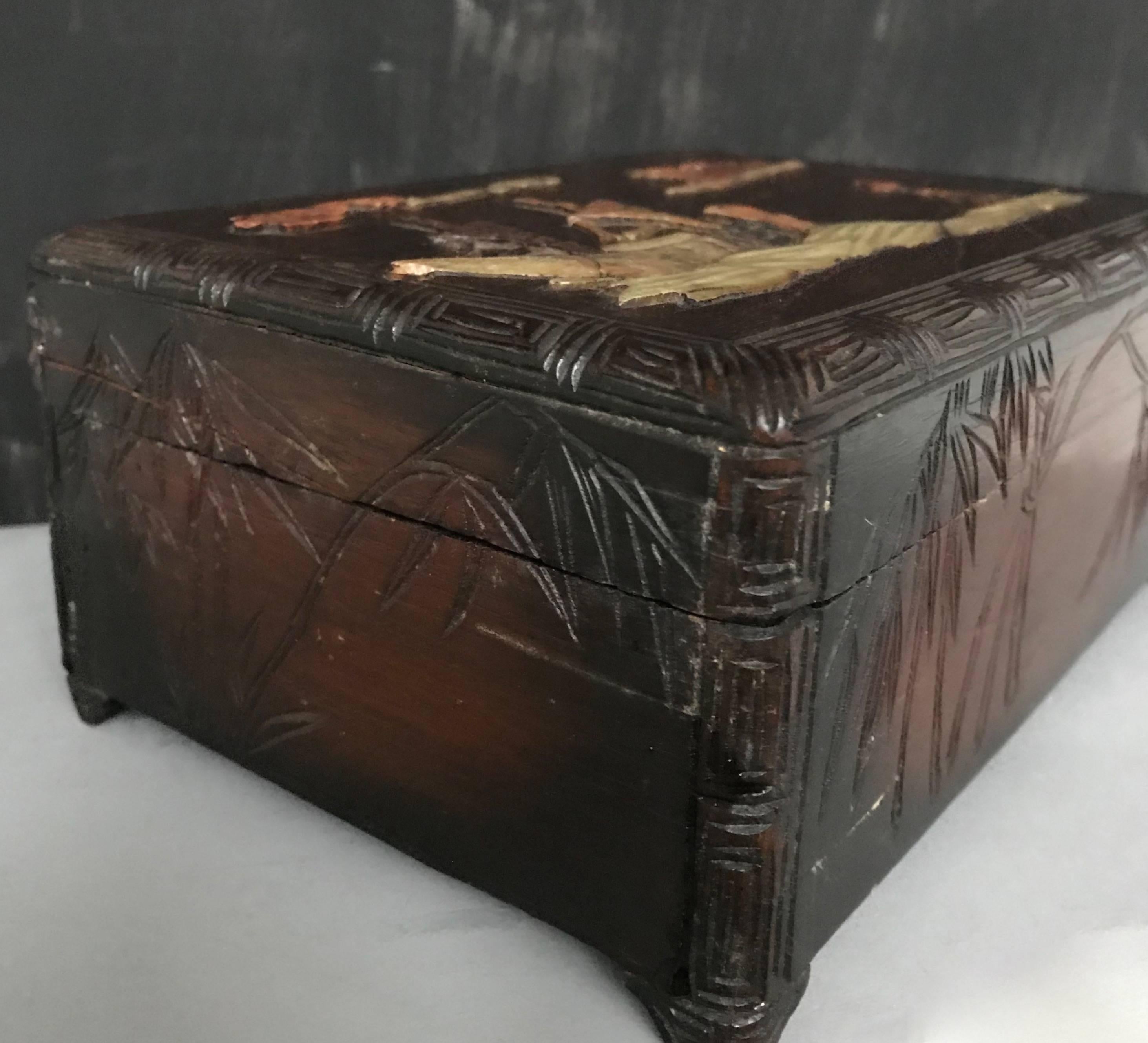 20th Century Antique Hand-Carved Chestnut Box in Asian Bamboo Style Inlaid with Soapstone For Sale