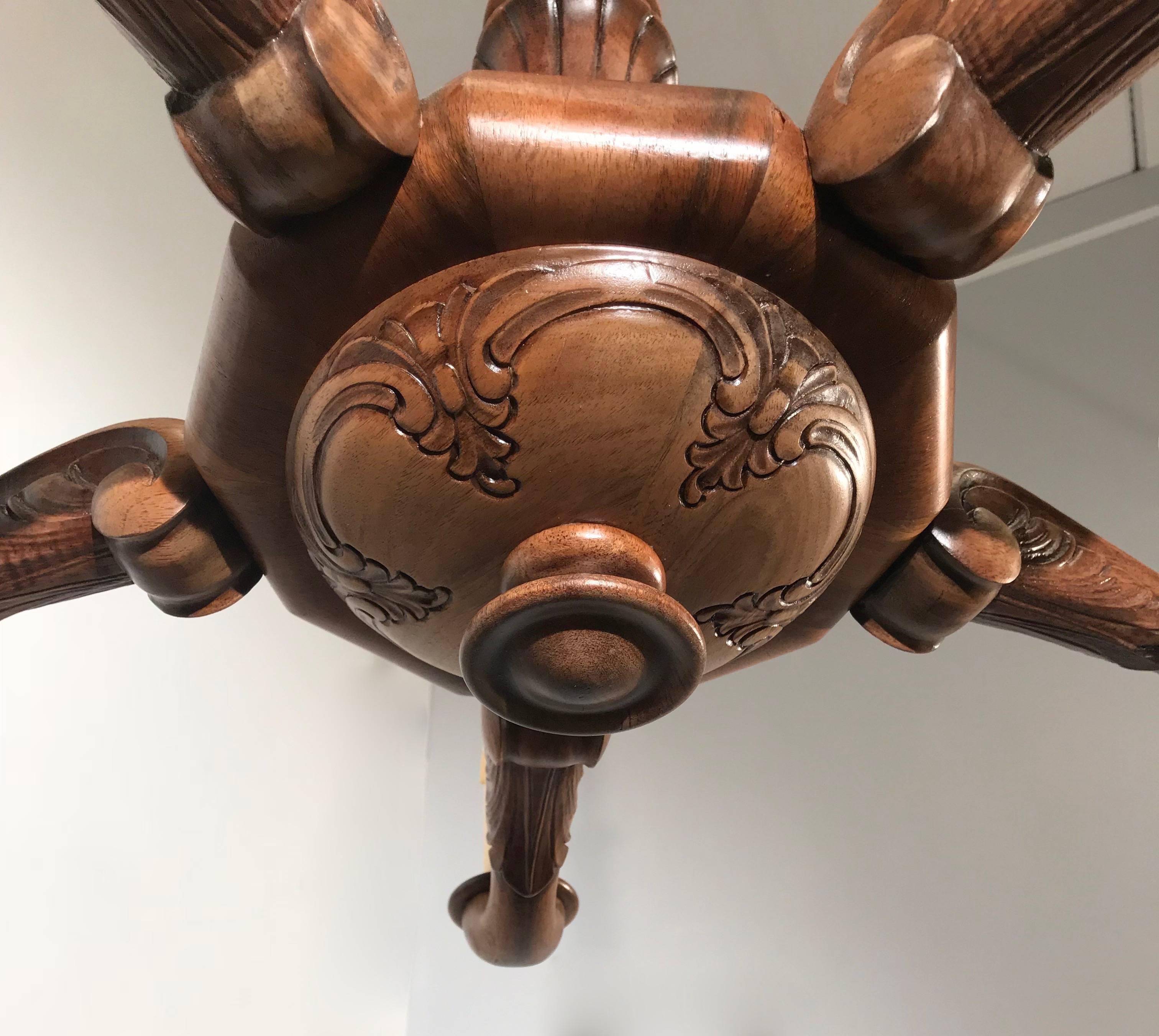 Hand-Crafted Early 1900 Art Nouveau Era Five Light Quality Carved Nutwood Chandelier Fixture