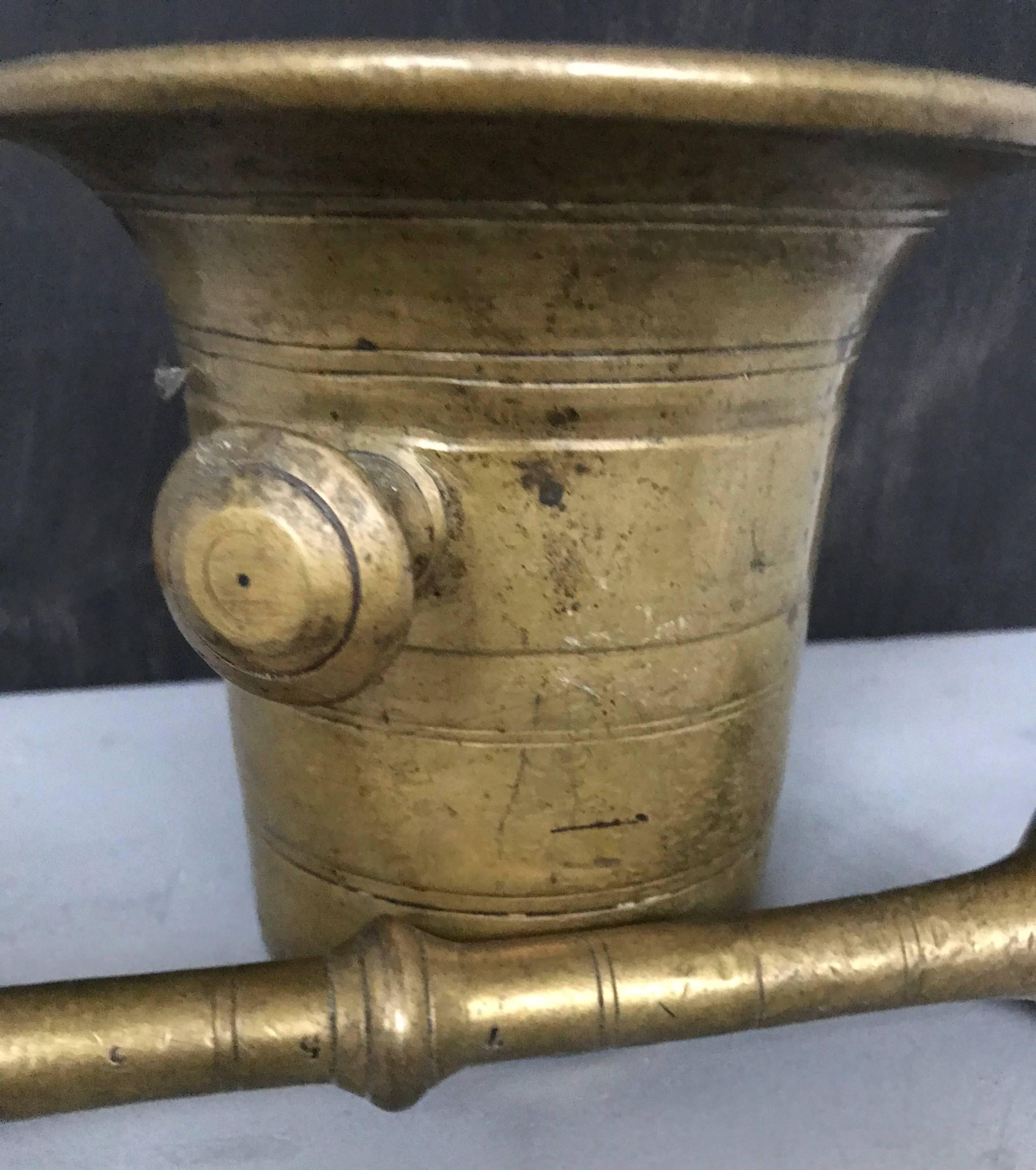 18th Century Antique Hand-Crafted Solid Bronze Mortar with Pestle and Great Original Patina For Sale