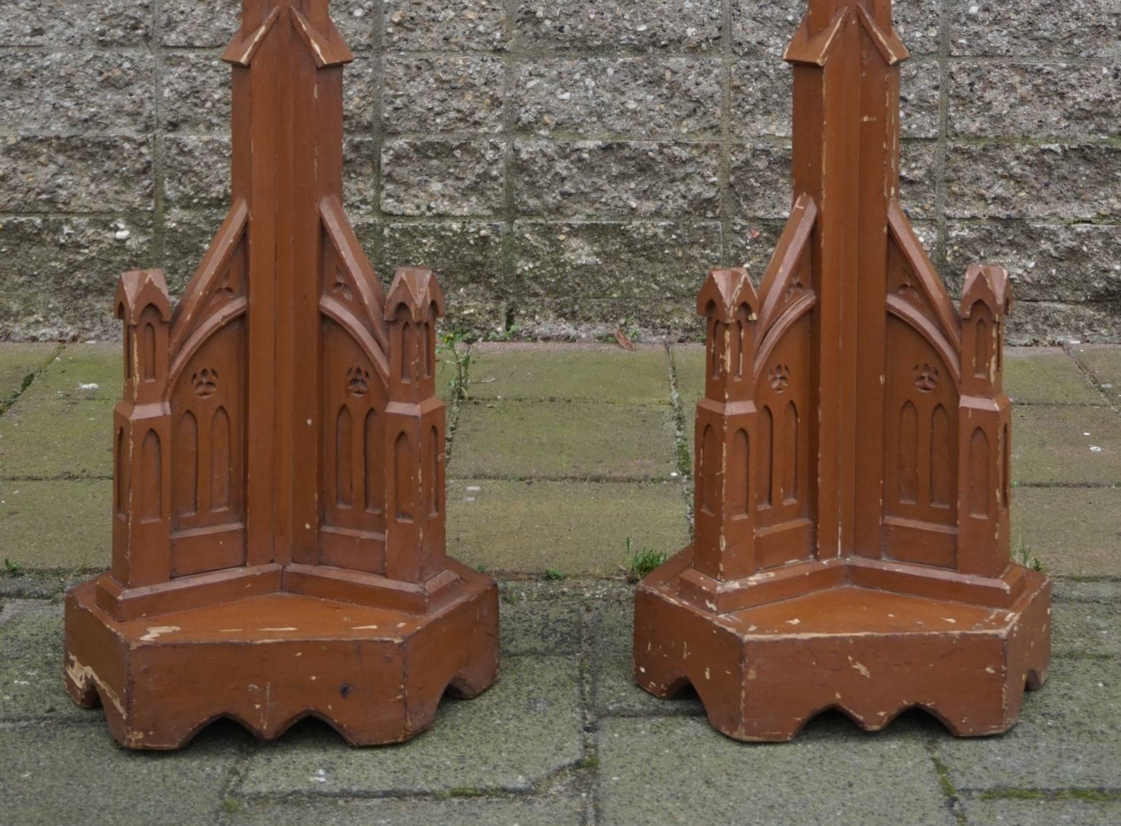 Dutch Pair of Hand Crafted and Painted Gothic Revival Church Candle Pedestals, Columns For Sale