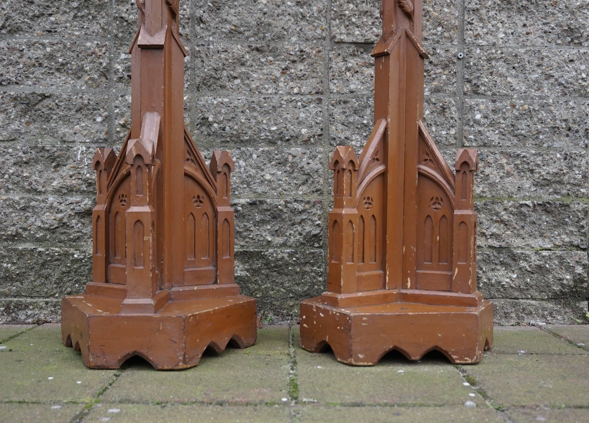 Large, unique and matching pair from circa 1900-1910.

If you are a collector of Gothic Revival accessories from houses of prayer then this large and hand-crafted wooden pair could be perfect for you. They will look great on either side of a