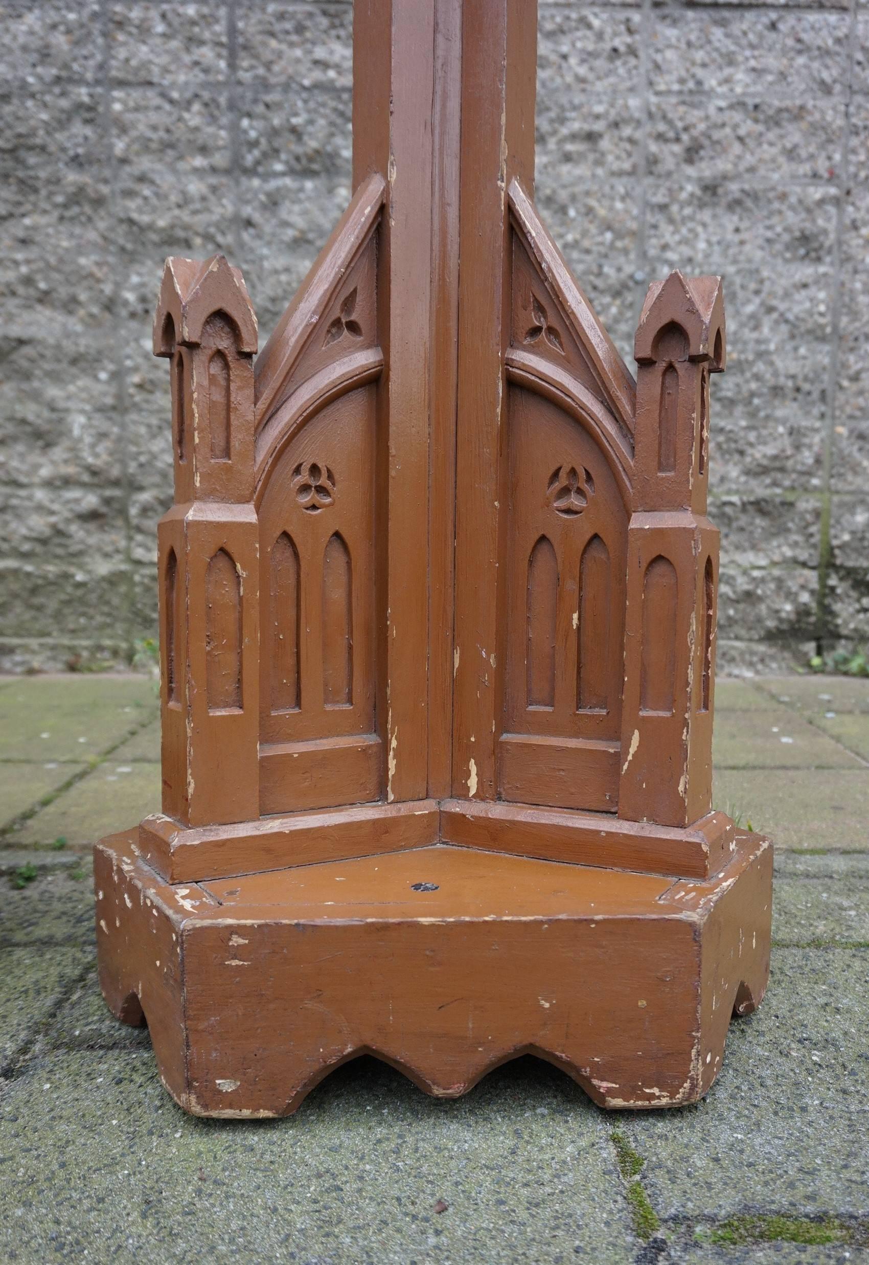 Hand-Crafted Pair of Hand Crafted and Painted Gothic Revival Church Candle Pedestals, Columns For Sale